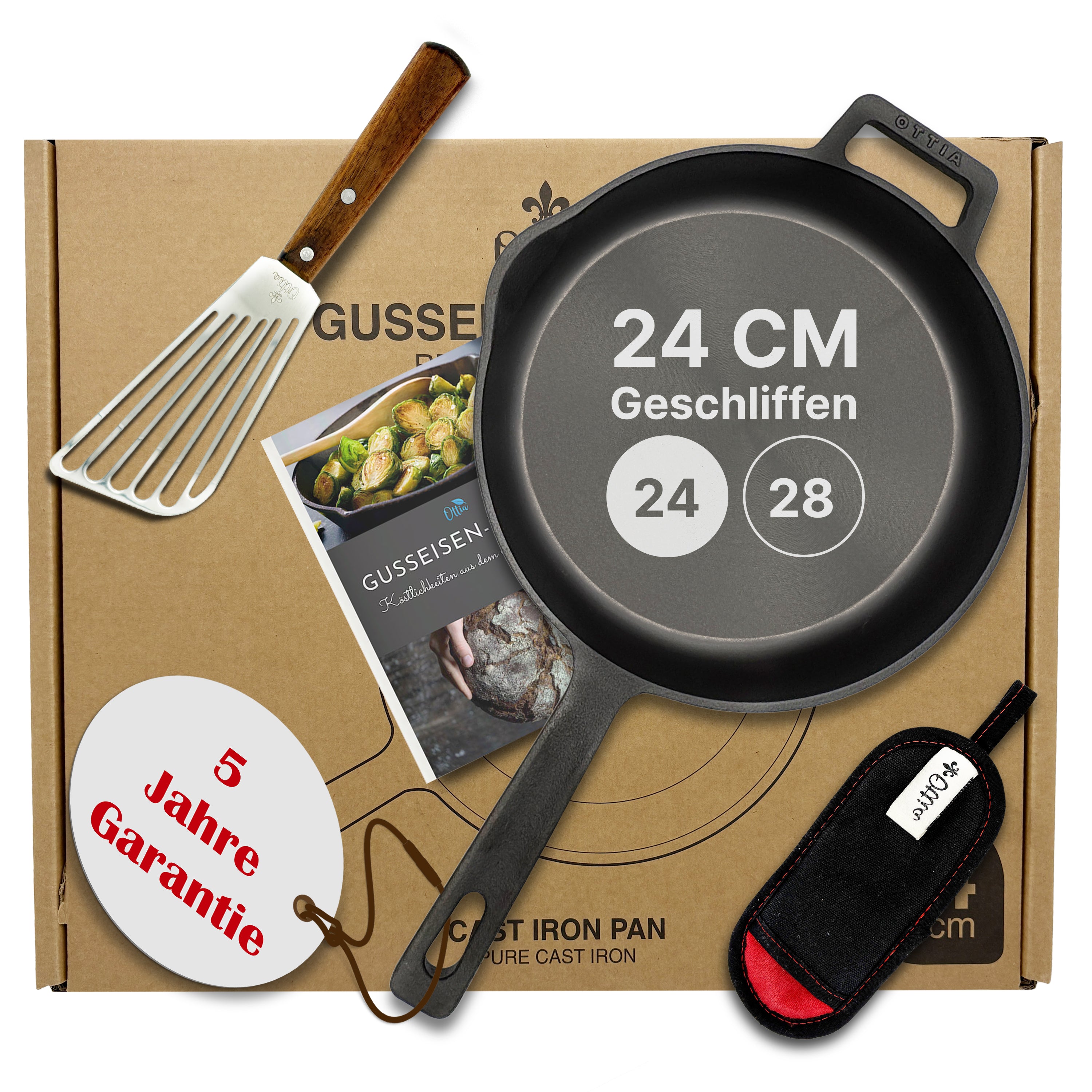 Reine geschliffene Gusseisenpfanne 24cm mit eKochbuch, Pfannenwender, Hitzeschutz