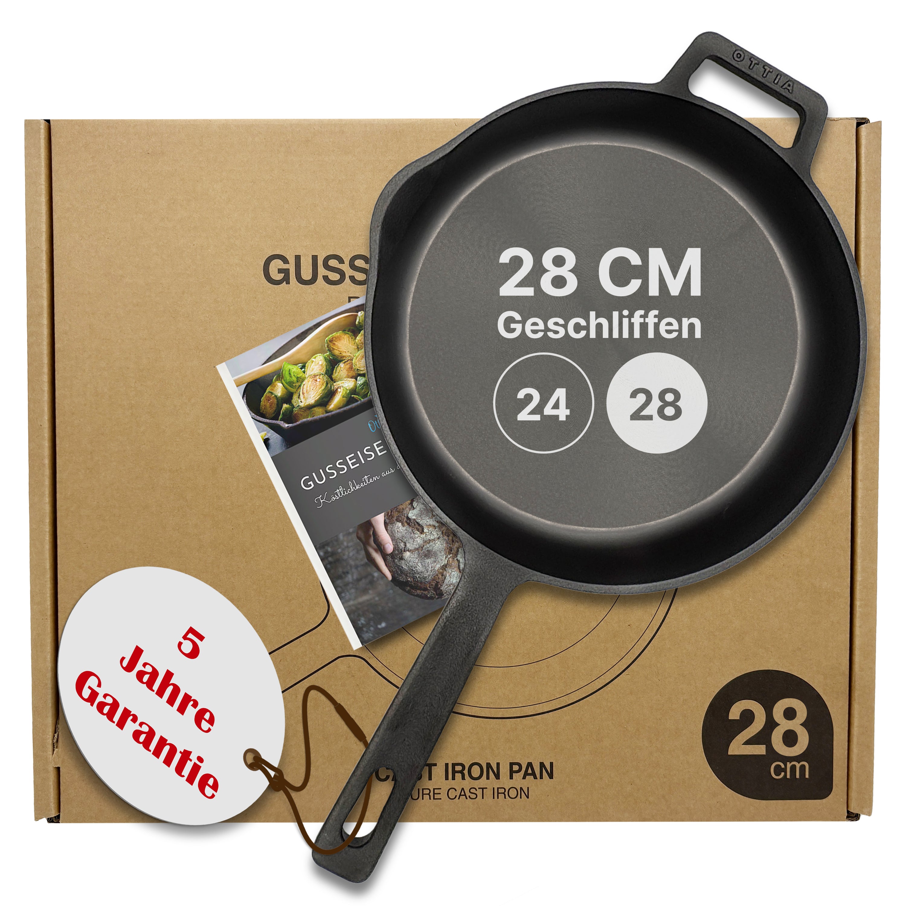 Reine geschliffene Gusseisenpfanne 28cm mit eKochbuch