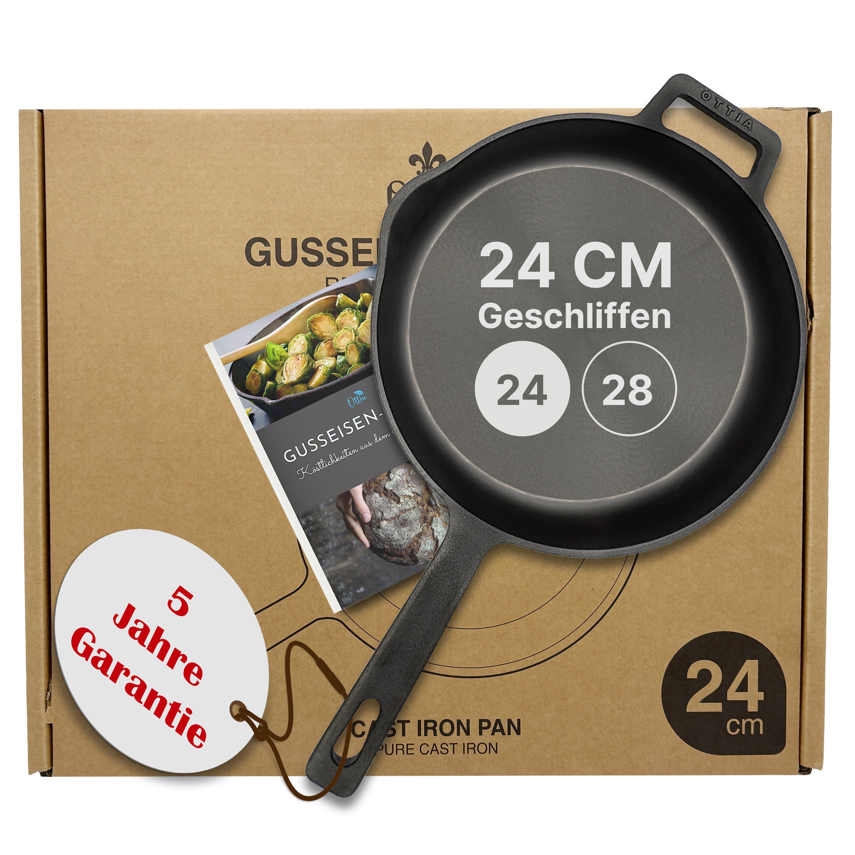 Reine geschliffene Gusseisenpfanne 24cm mit eKochbuch