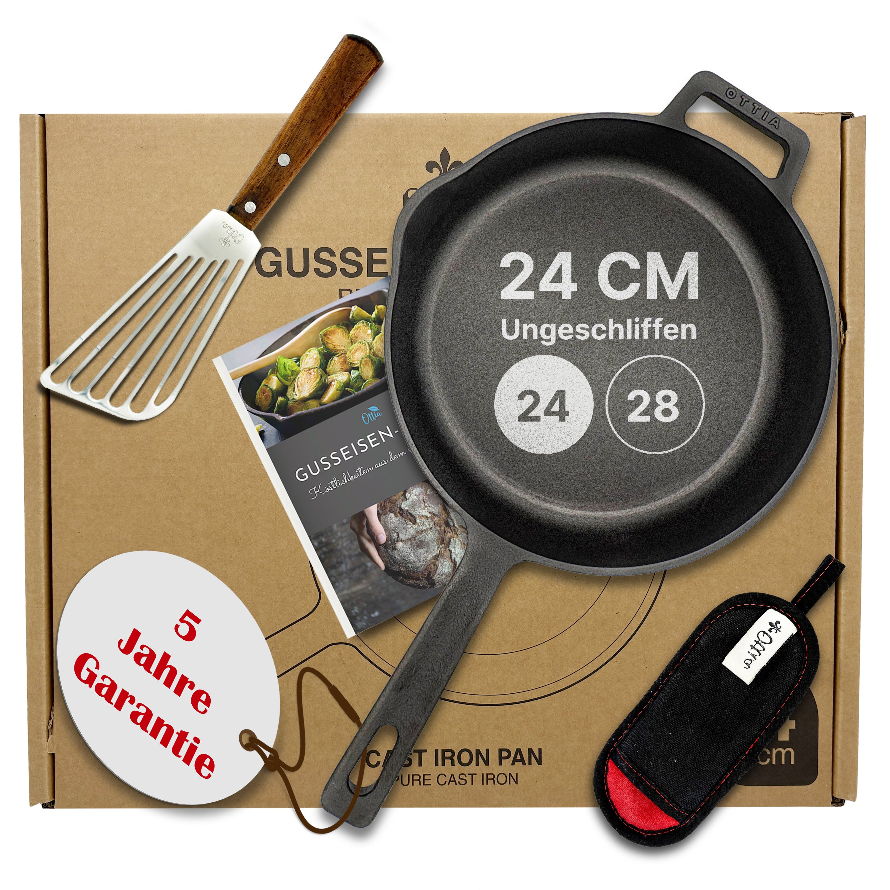 Reine Gusseisenpfanne 24cm mit eKochbuch, Pfannenwender, Hitzeschutz