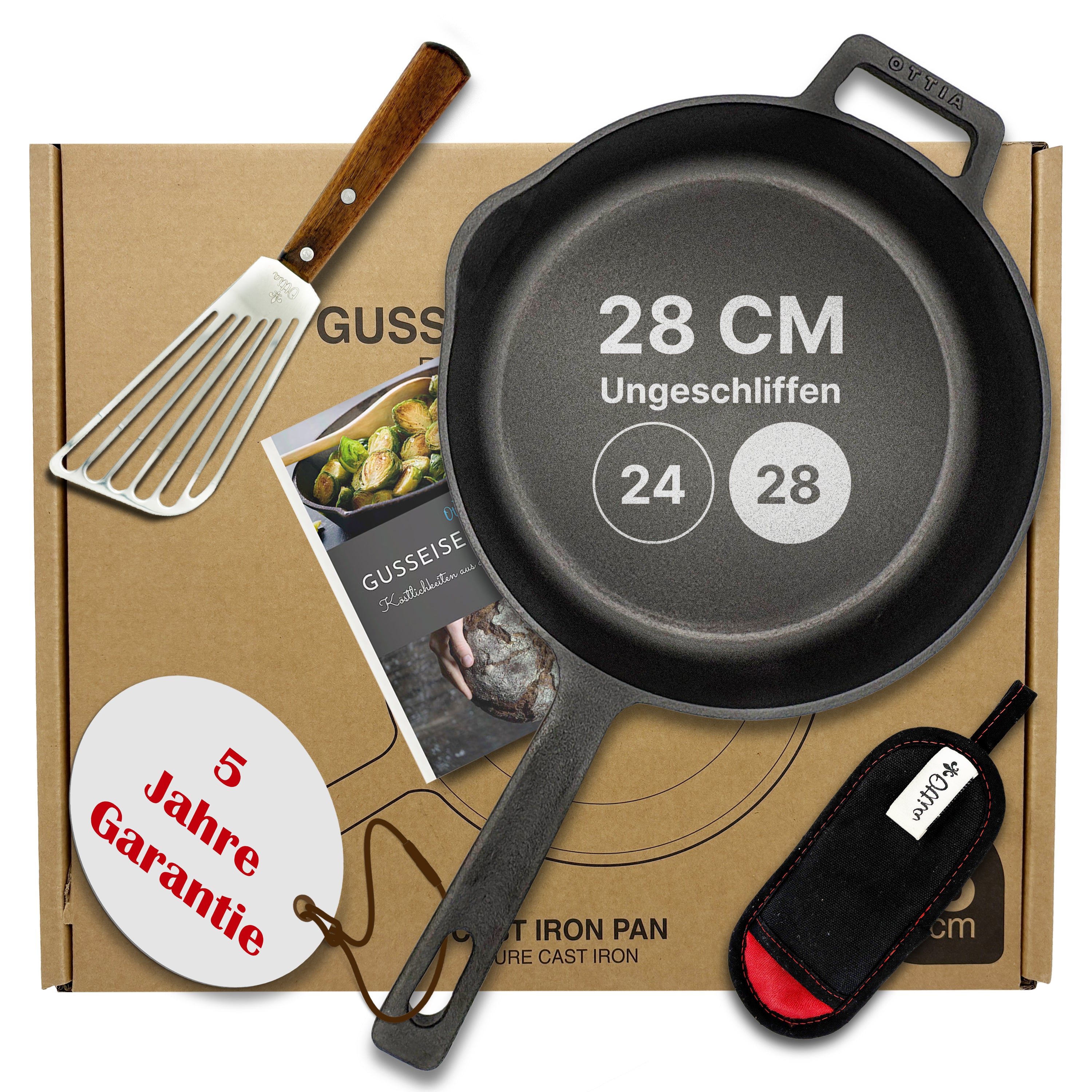 Reine Gusseisenpfanne 28cm mit eKochbuch, Pfannenwender, Hitzeschutz