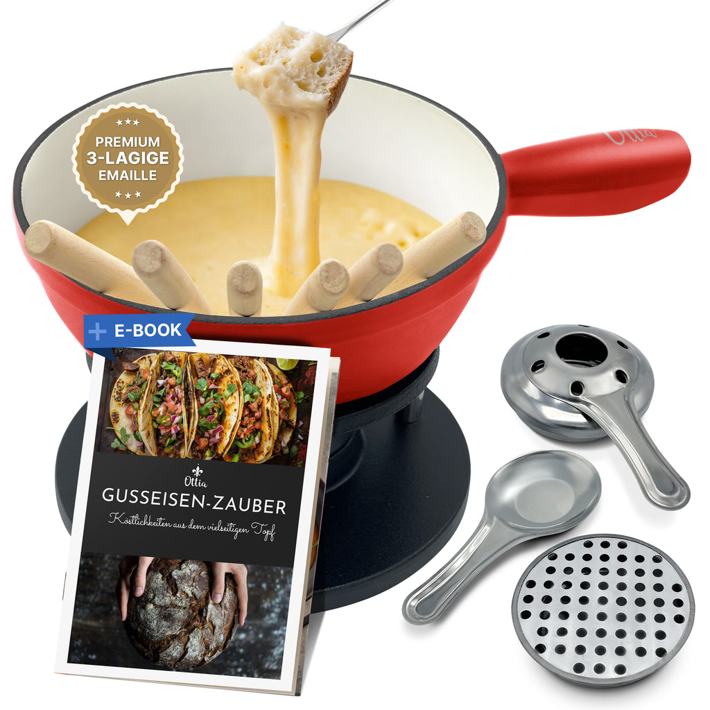 Gusseisen Fondue Set für 2-6 Personen, 3-lagige Emaille, Schadstofffrei, 10-teilig