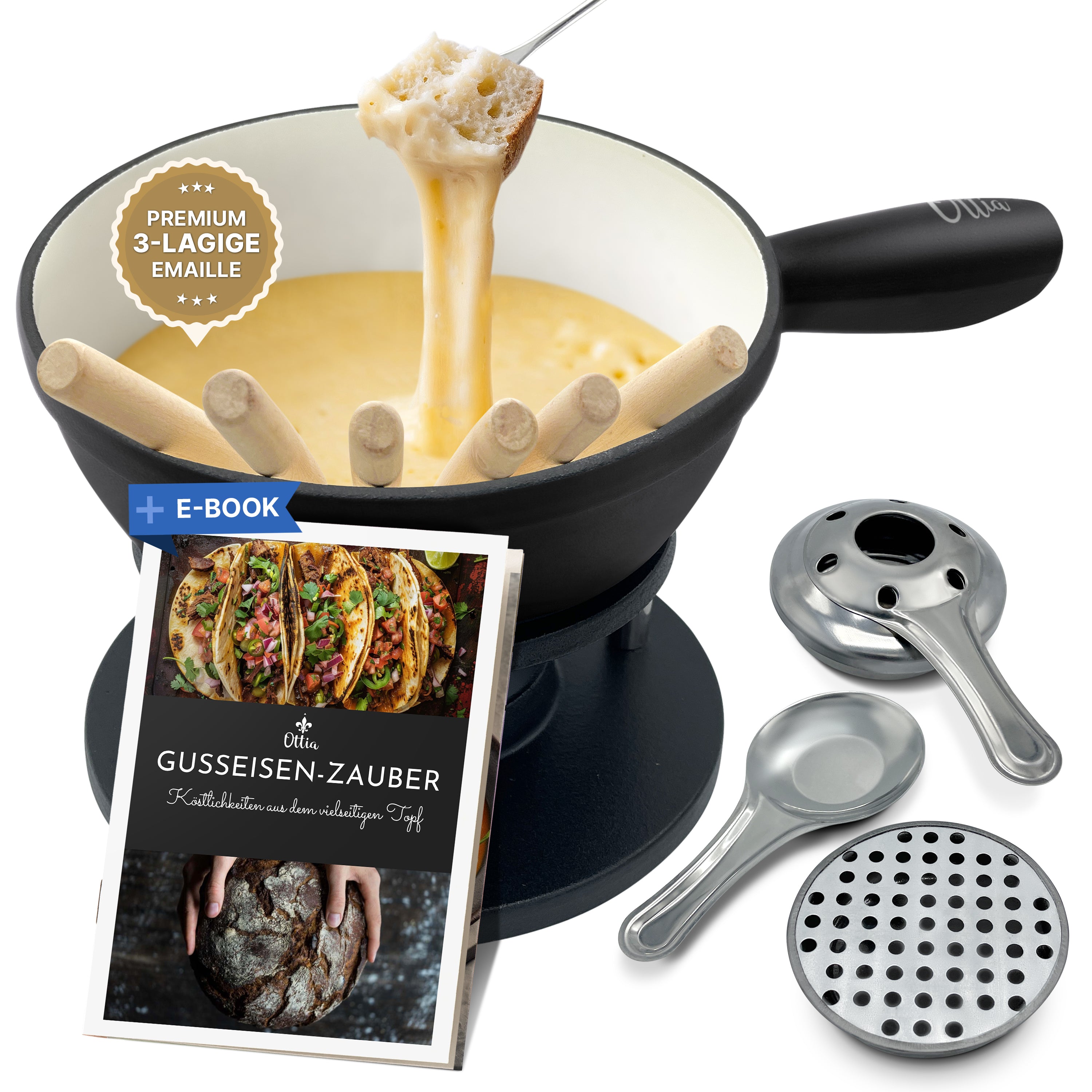 Gusseisen Fondue Set für 2-6 Personen, 3-lagige Emaille, Schadstofffrei, 10-teilig