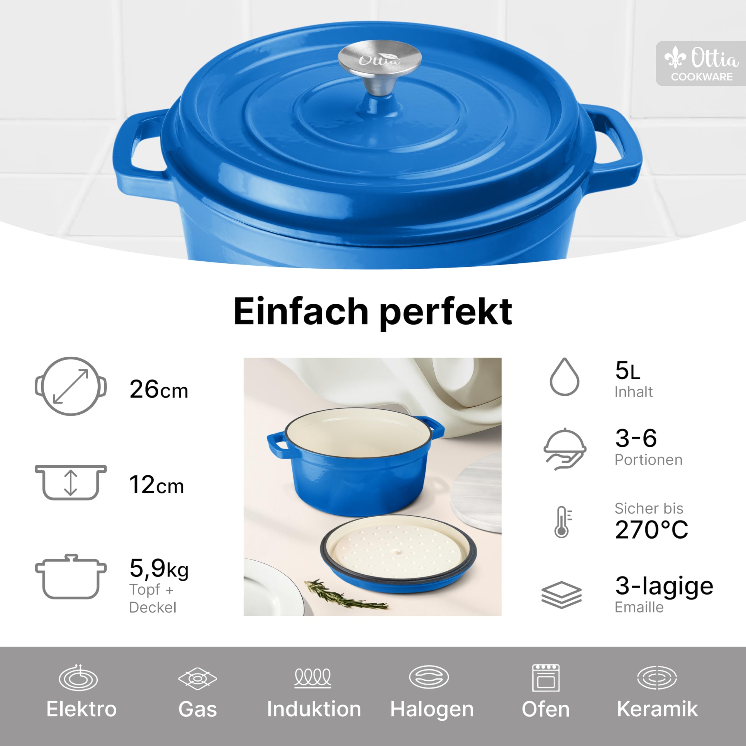 Emaillierter Gusseisen Topf, 26 cm, 5 Liter, ofenfest, Deckel mit Knauf