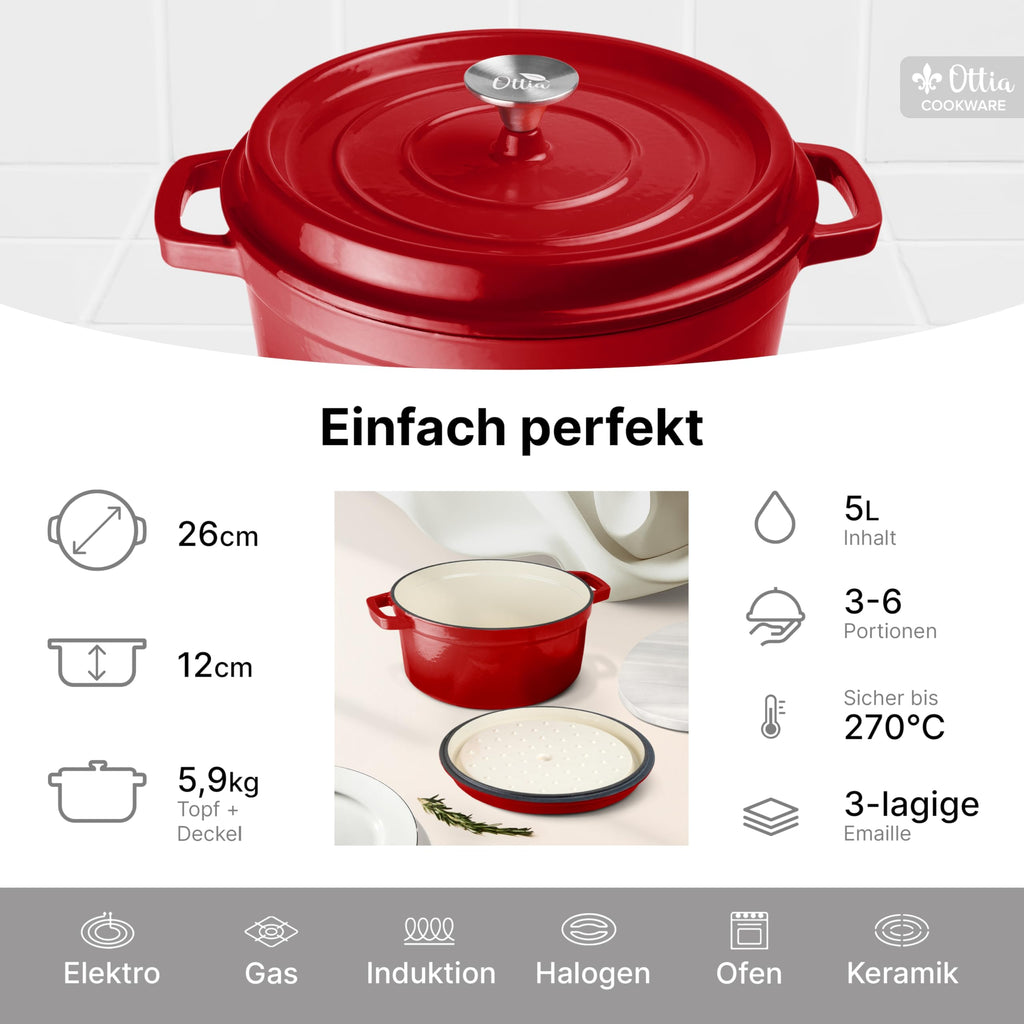 Emaillierter Gusseisen Topf, 26 cm, 5 Liter, ofenfest, Deckel mit Knauf