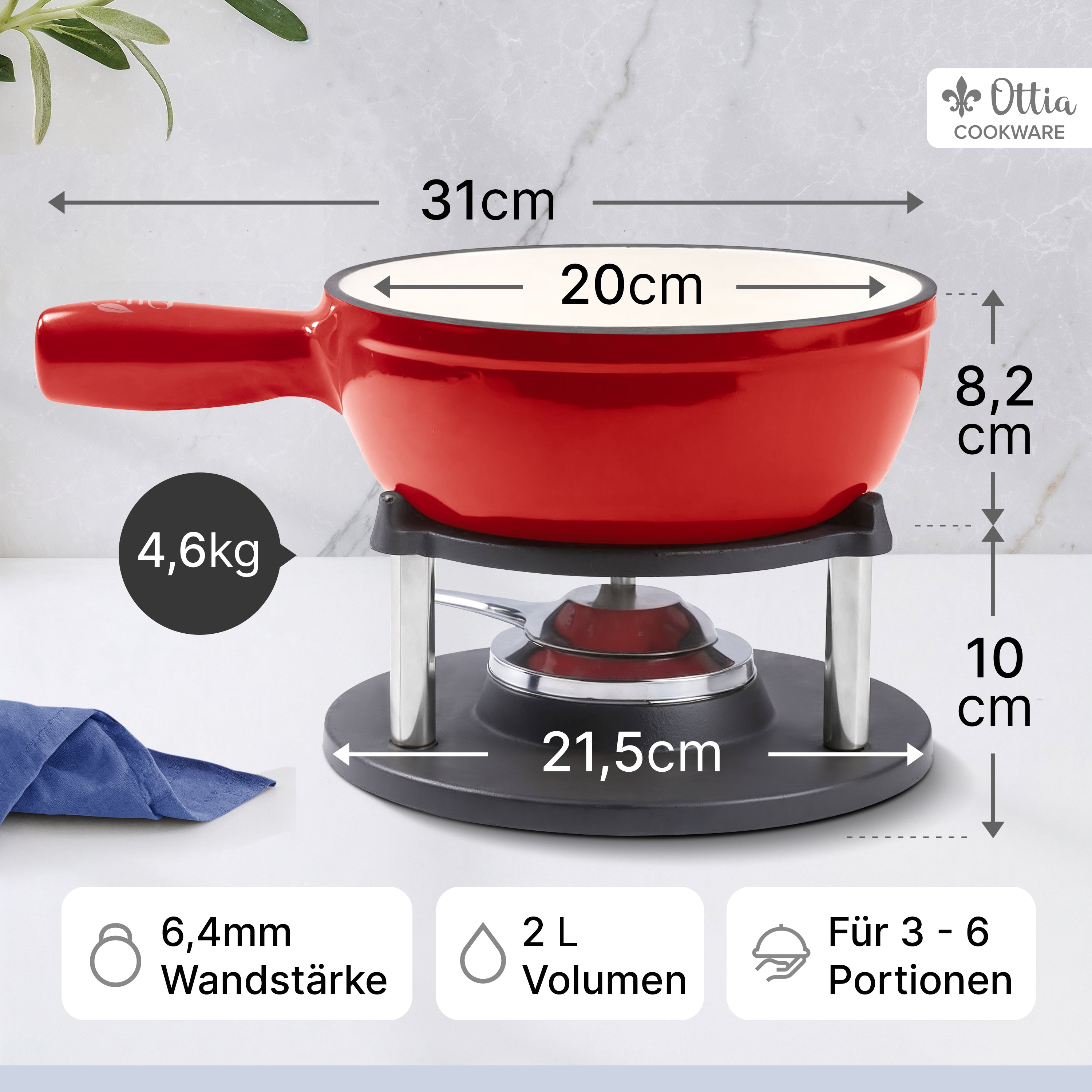 Gusseisen Fondue Set für 2-6 Personen, 3-lagige Emaille, Schadstofffrei, 10-teilig