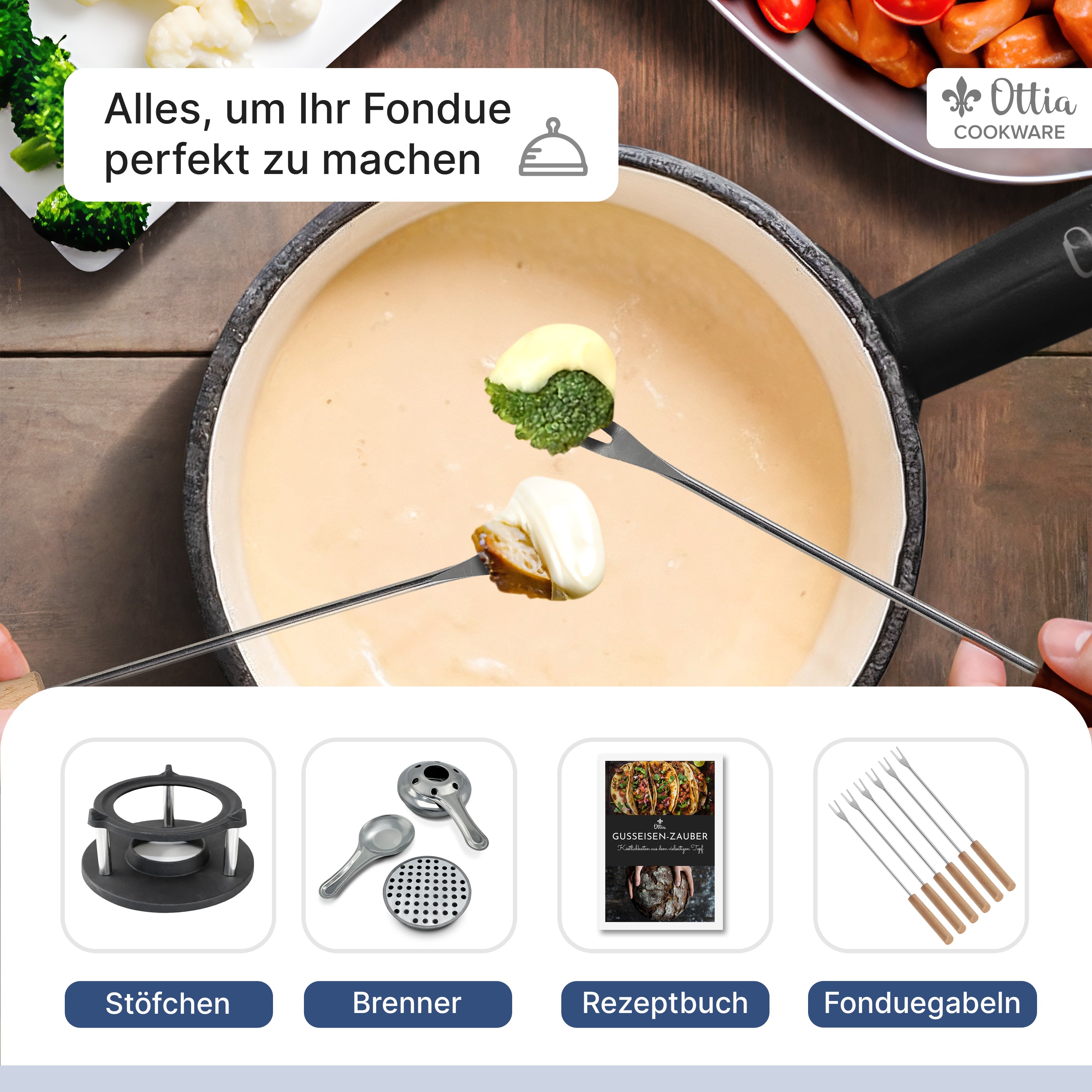 Gusseisen Fondue Set für 2-6 Personen, 3-lagige Emaille, Schadstofffrei, 10-teilig
