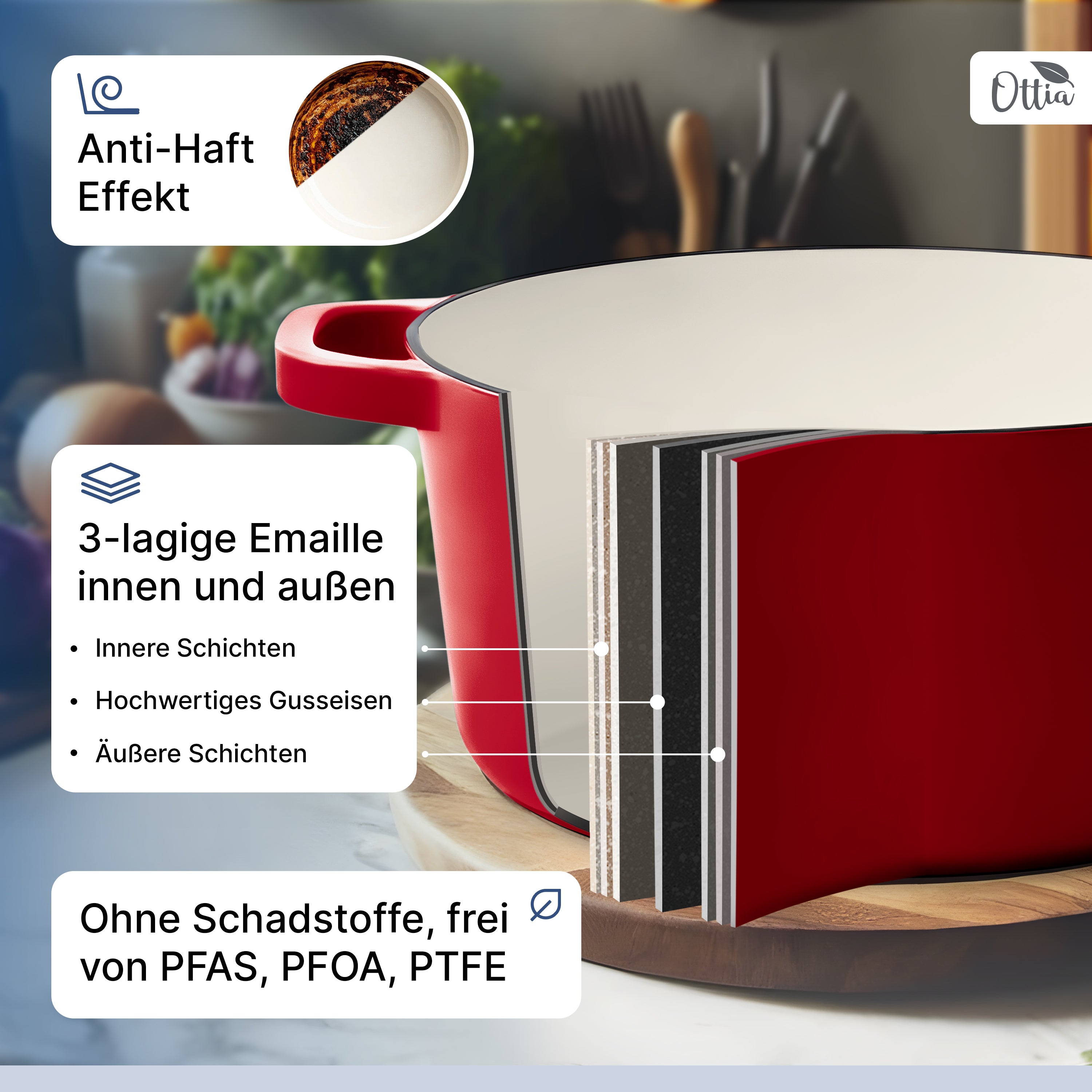 Emaillierter Gusseisen Topf, 28 cm, 6 Liter, ofenfest, Deckel mit Knauf