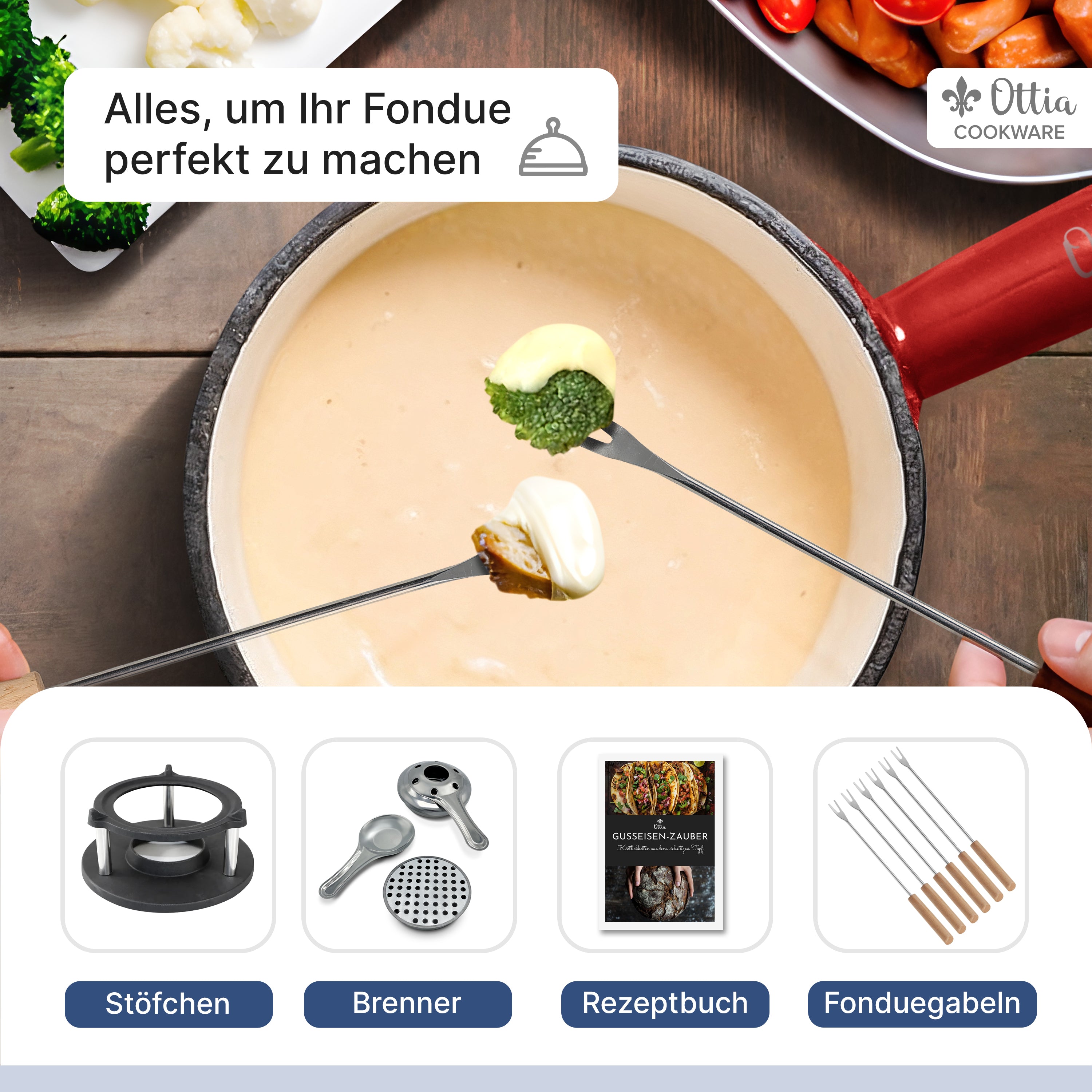 Gusseisen Fondue Set für 2-6 Personen, 3-lagige Emaille, Schadstofffrei, 10-teilig