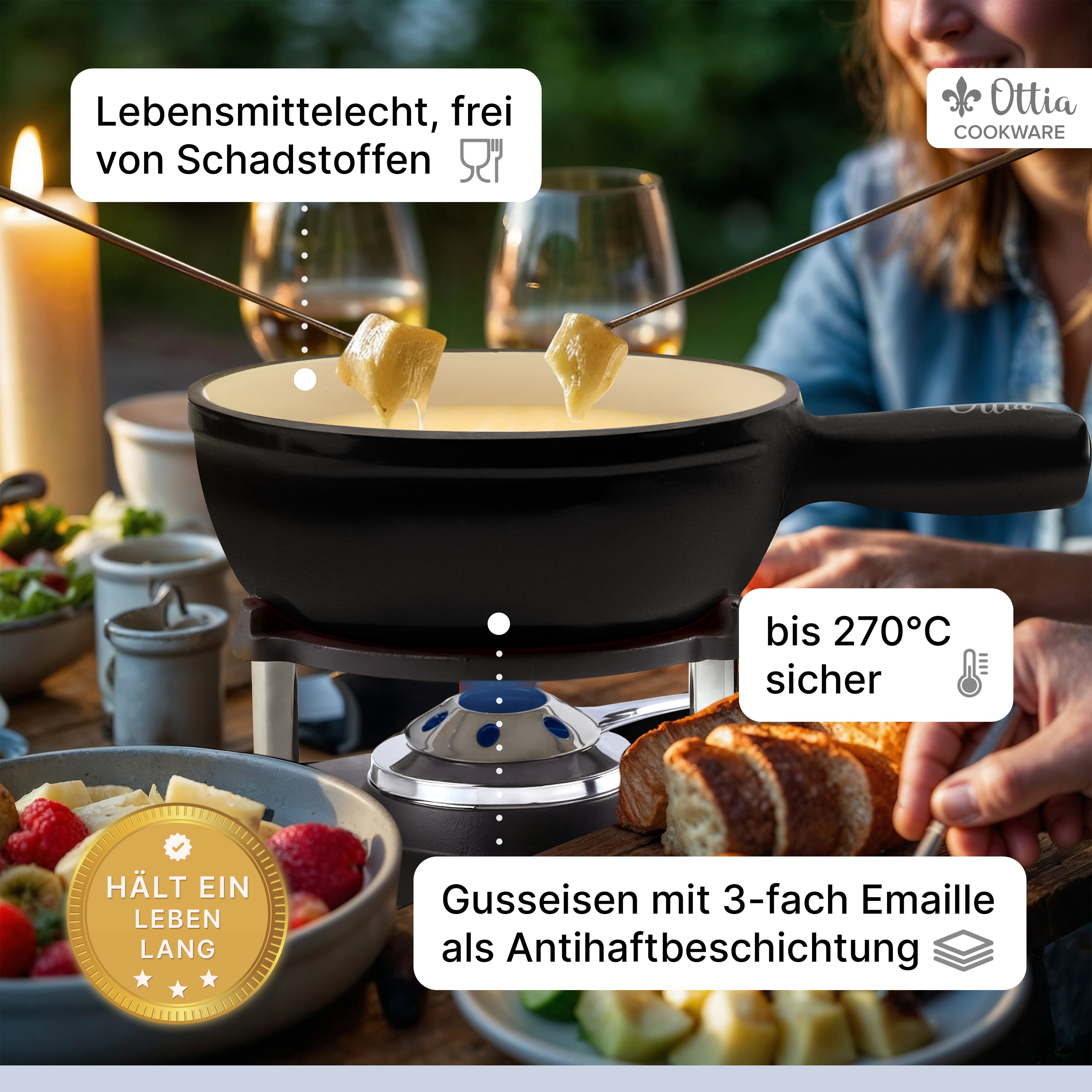 Gusseisen Fondue Set für 2-6 Personen, 3-lagige Emaille, Schadstofffrei, 10-teilig