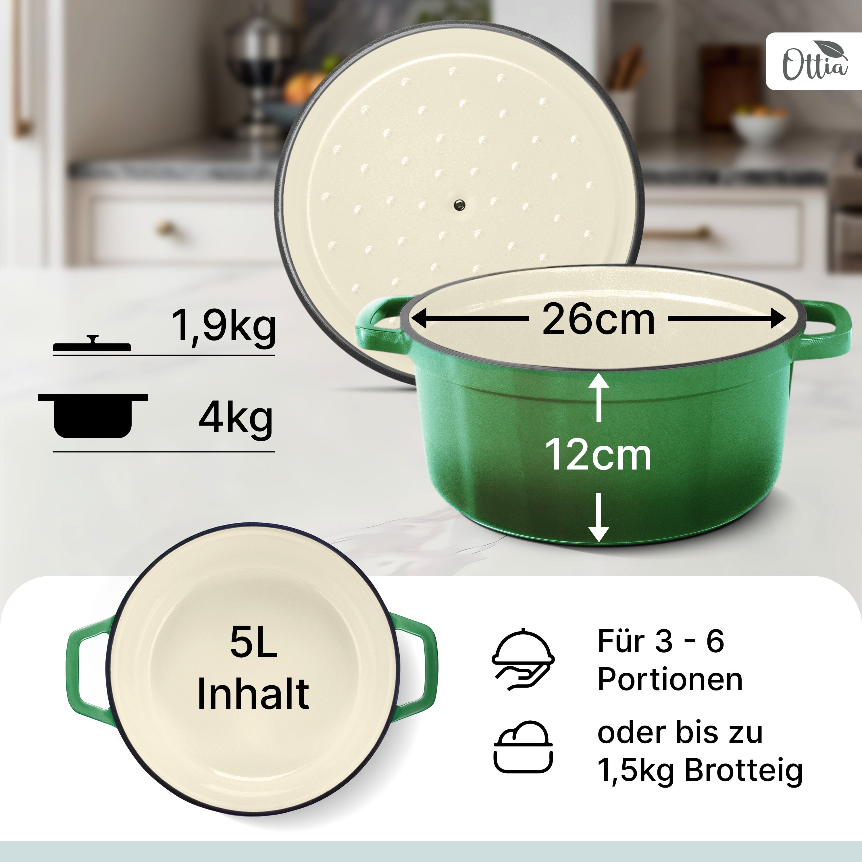 Emaillierter Gusseisen Topf, 26 cm, 5 Liter, ofenfest, Deckel mit Knauf