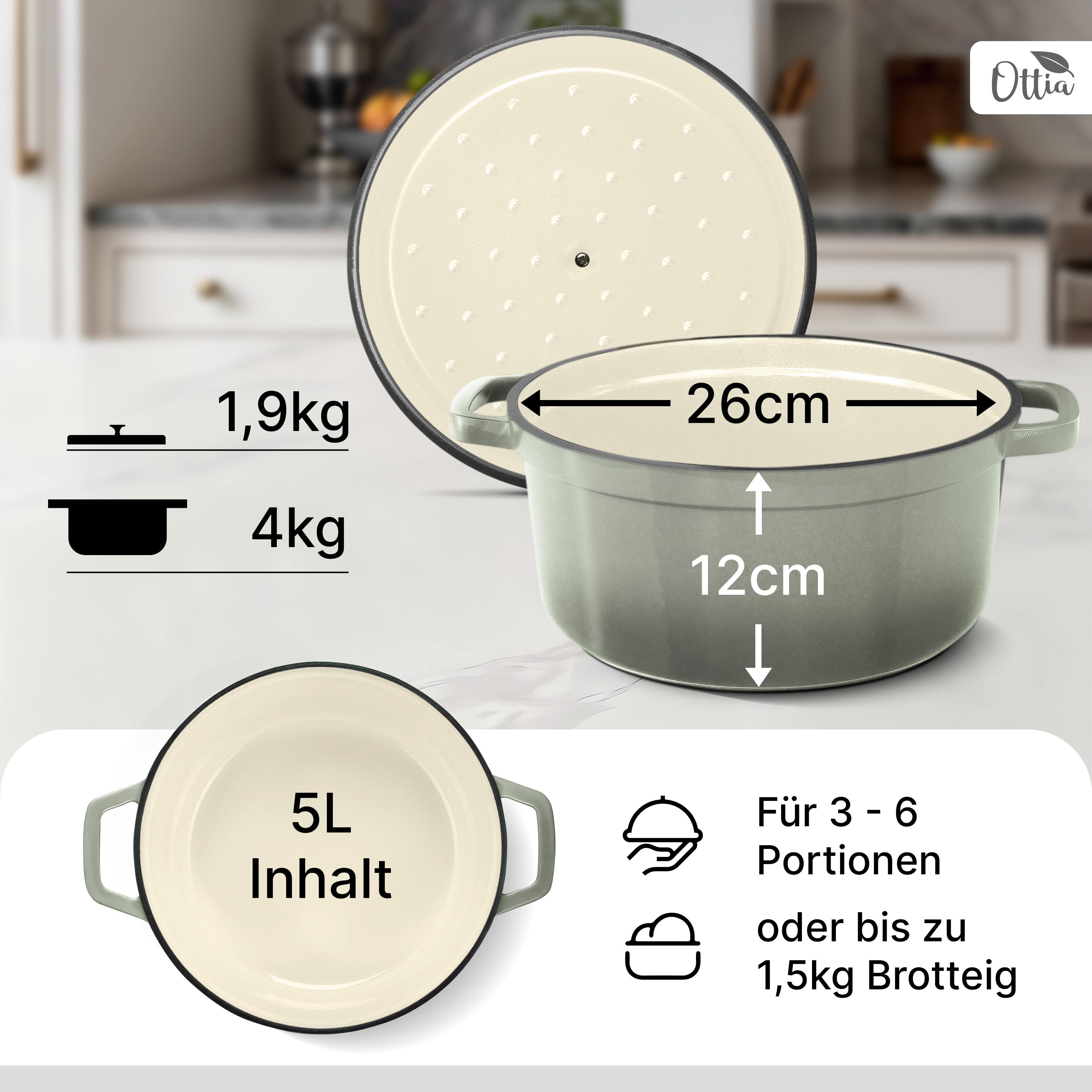 Emaillierter Gusseisen Topf, 26 cm, 5 Liter, ofenfest, Deckel mit Knauf