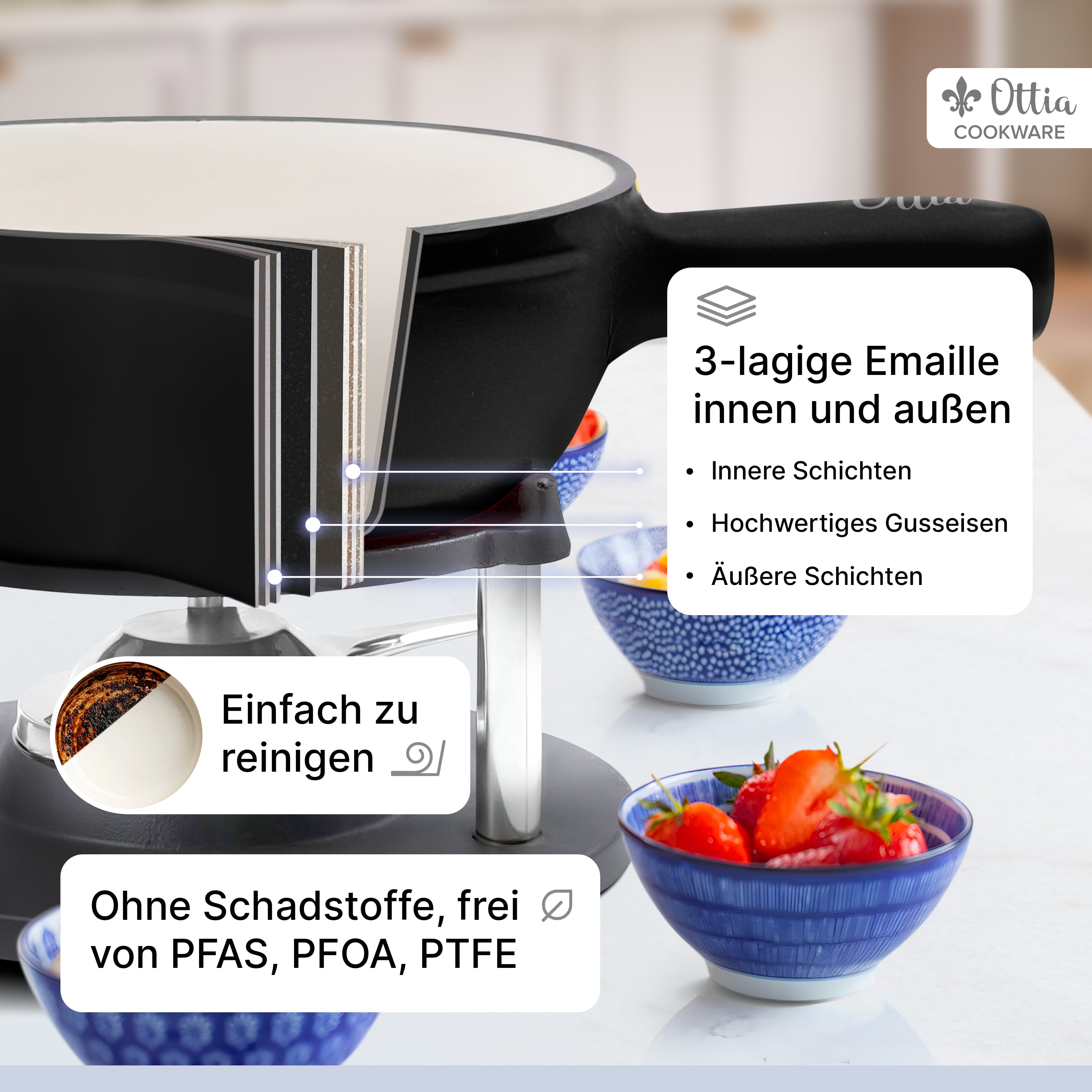Gusseisen Fondue Set für 2-6 Personen, 3-lagige Emaille, Schadstofffrei, 10-teilig