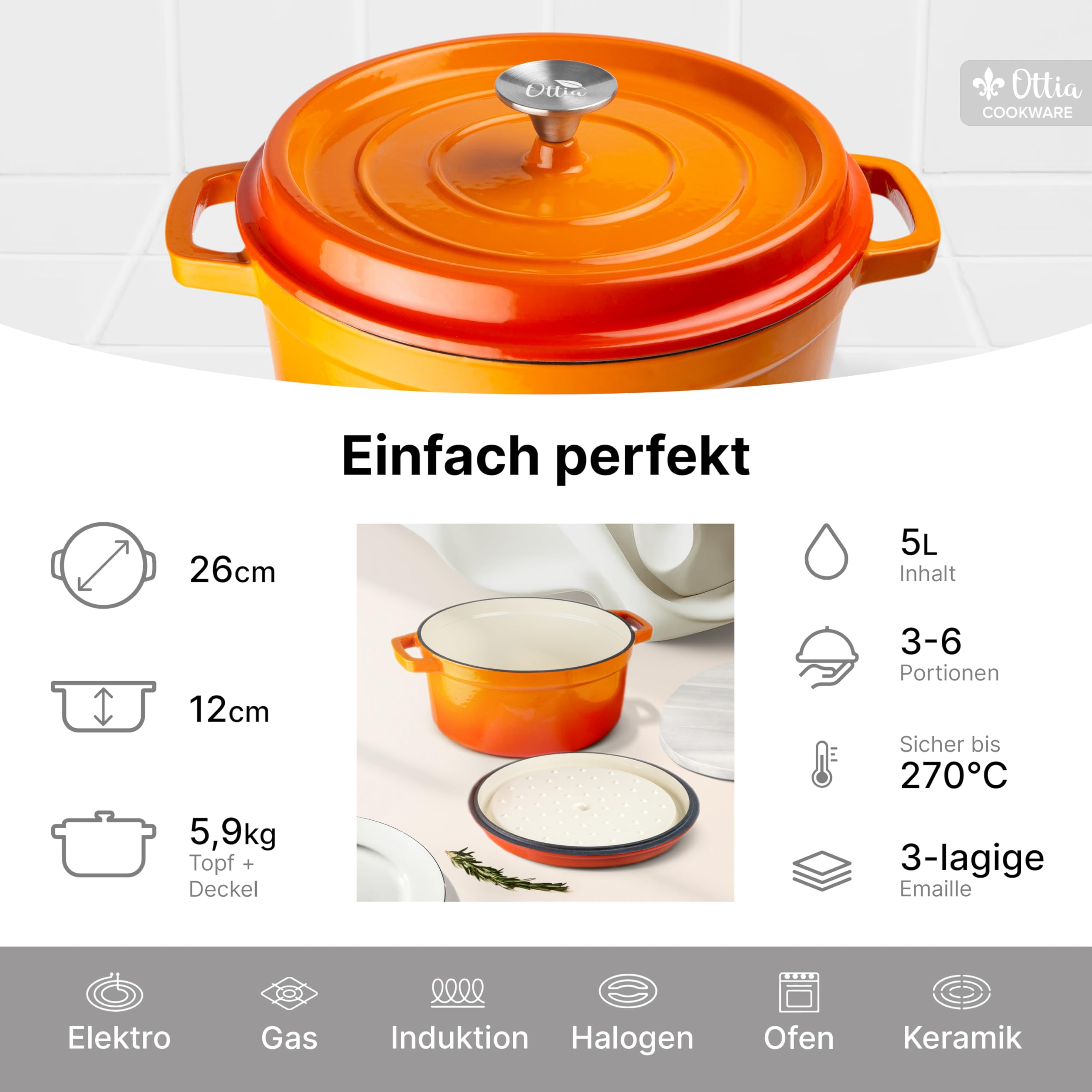 Emaillierter Gusseisen Topf, 26 cm, 5 Liter, ofenfest, Deckel mit Knauf