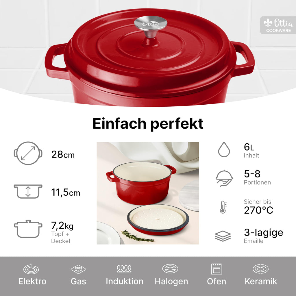Emaillierter Gusseisen Topf, 28 cm, 6 Liter, ofenfest, Deckel mit Knauf