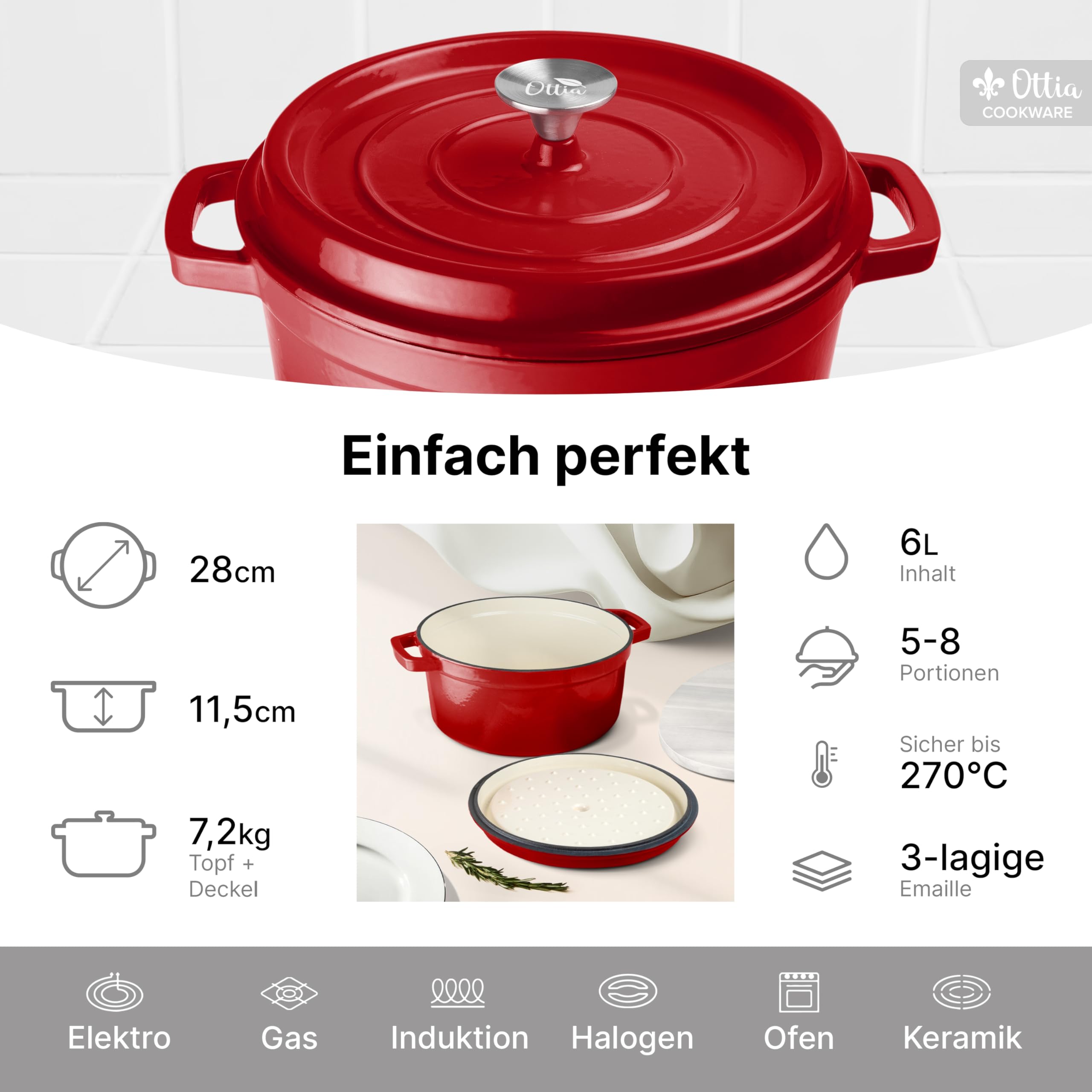 Emaillierter Gusseisen Topf, 28 cm, 6 Liter, ofenfest, Deckel mit Knauf