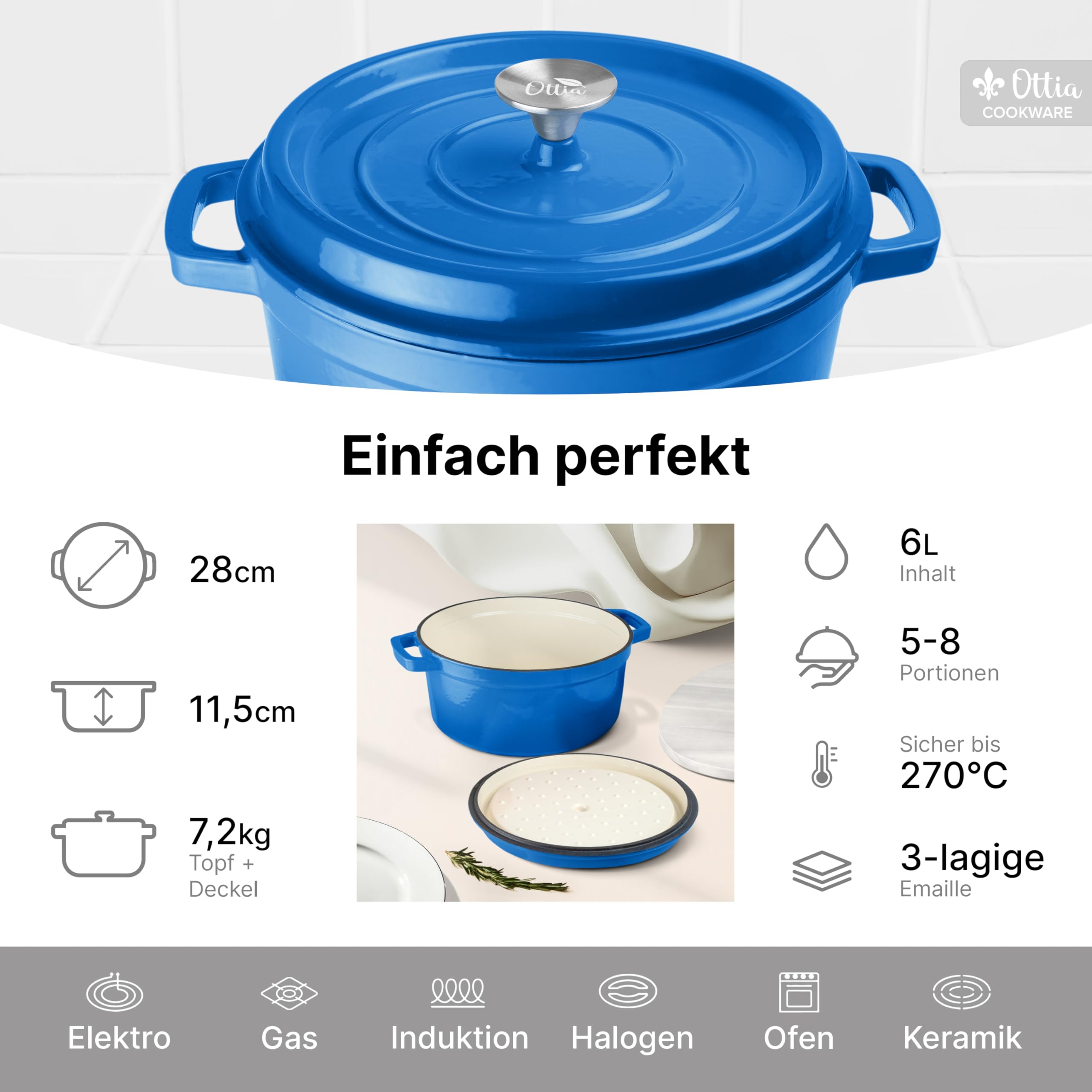 Emaillierter Gusseisen Topf, 28 cm, 6 Liter, ofenfest, Deckel mit Knauf
