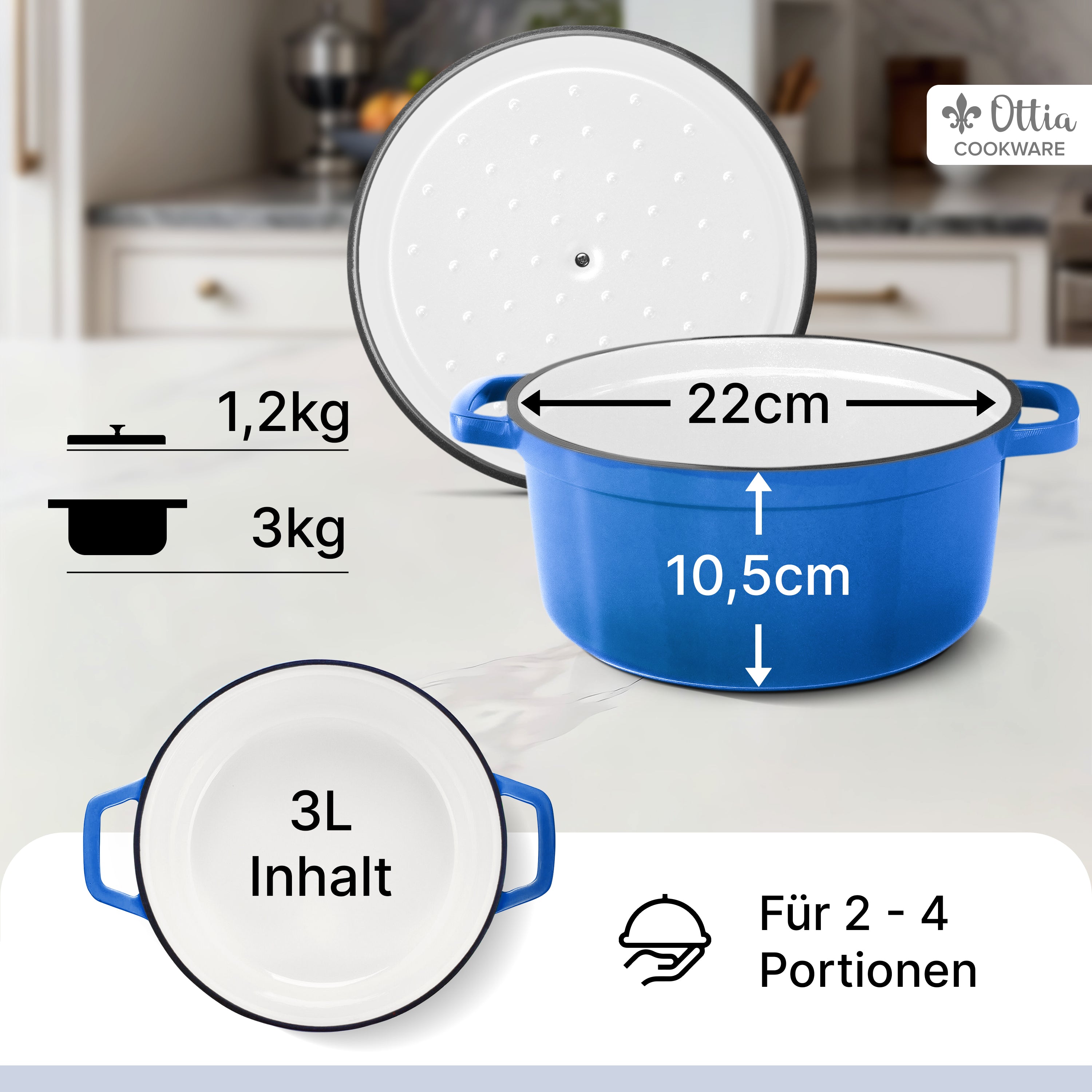 Emaillierter Gusseisen Topf, 22 cm, 3 Liter, ofenfest, Deckel mit Knauf
