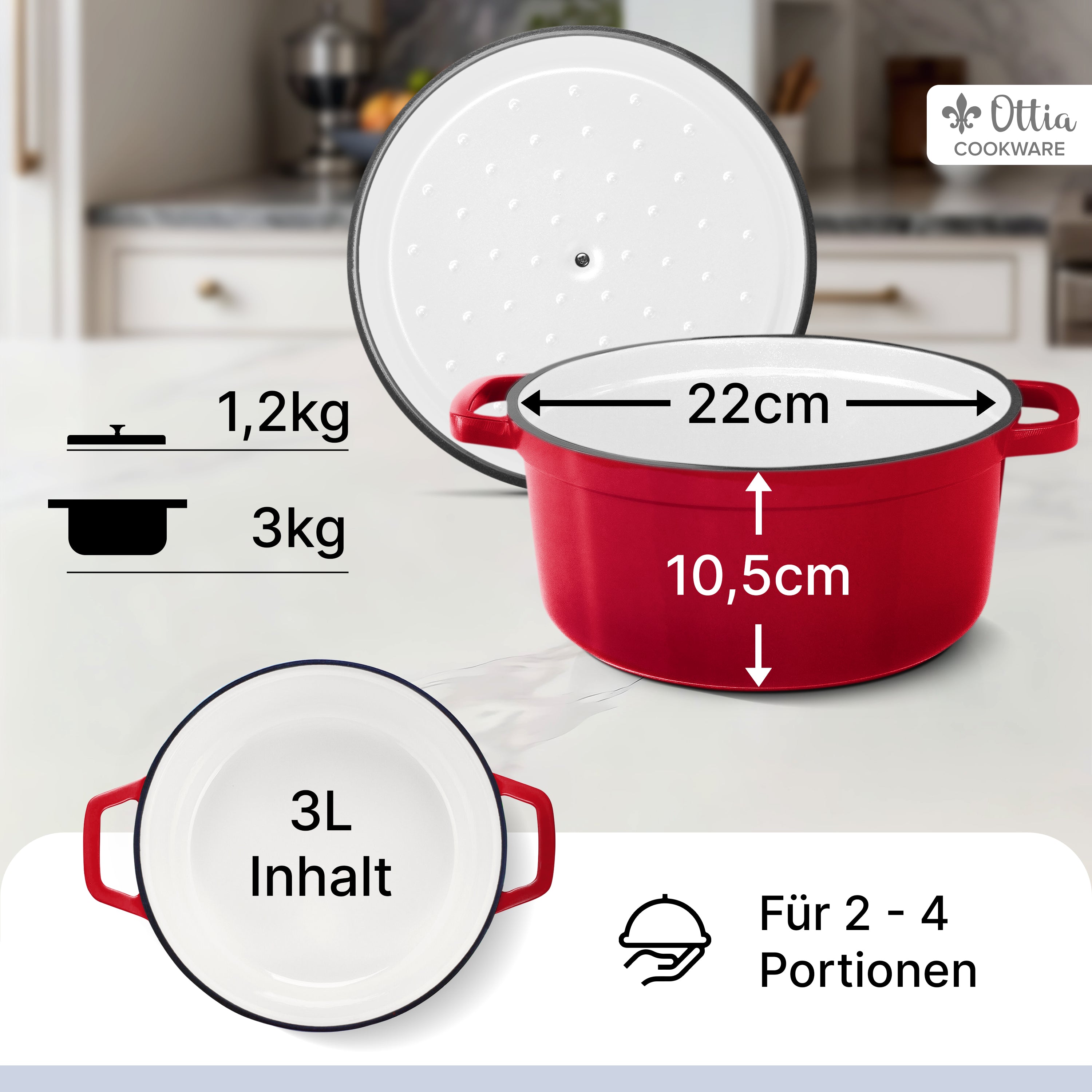Emaillierter Gusseisen Topf, 22 cm, 3 Liter, ofenfest, Deckel mit Knauf