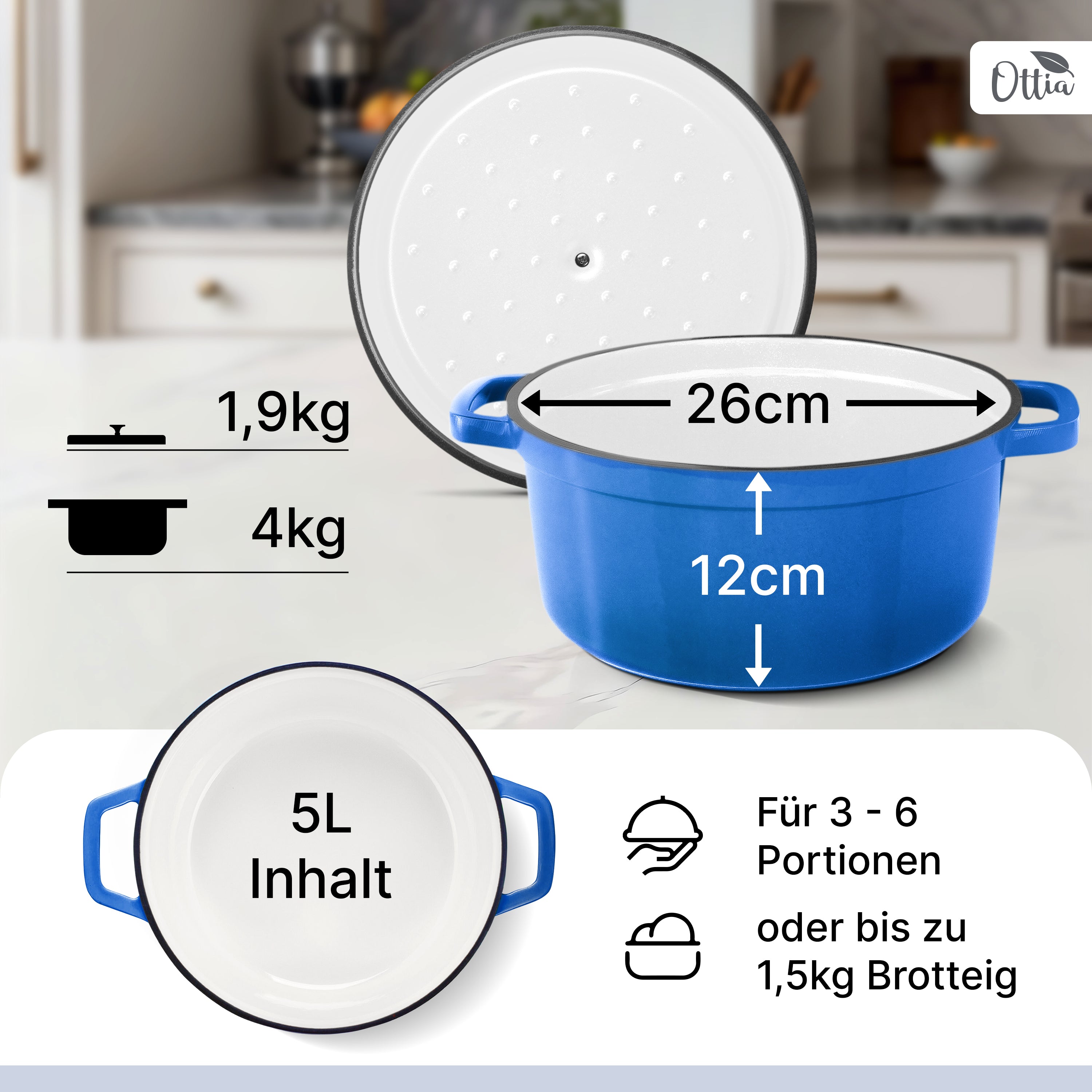 Emaillierter Gusseisen Topf, 26 cm, 5 Liter, ofenfest, Deckel mit Knauf