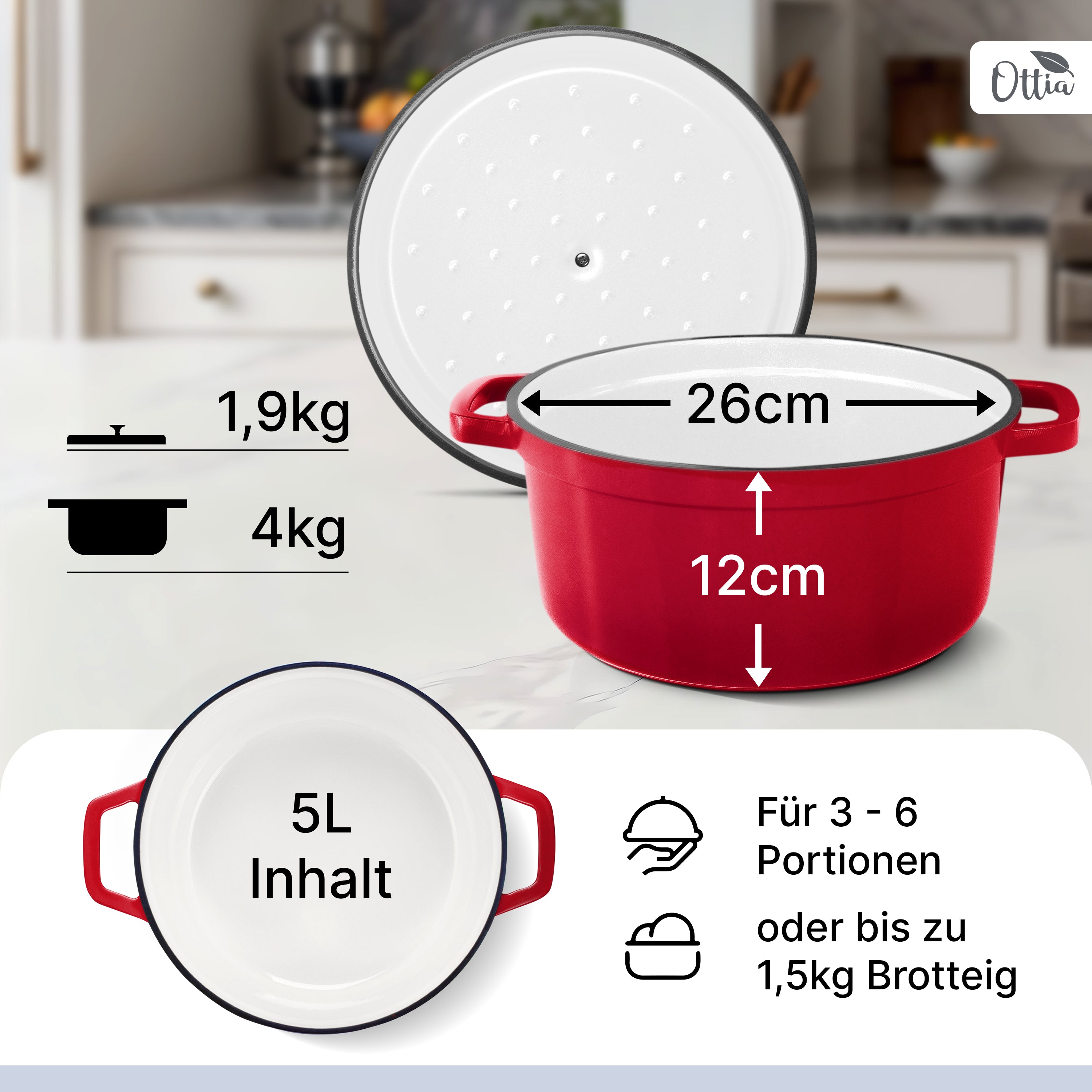 Emaillierter Gusseisen Topf, 26 cm, 5 Liter, ofenfest, Deckel mit Knauf