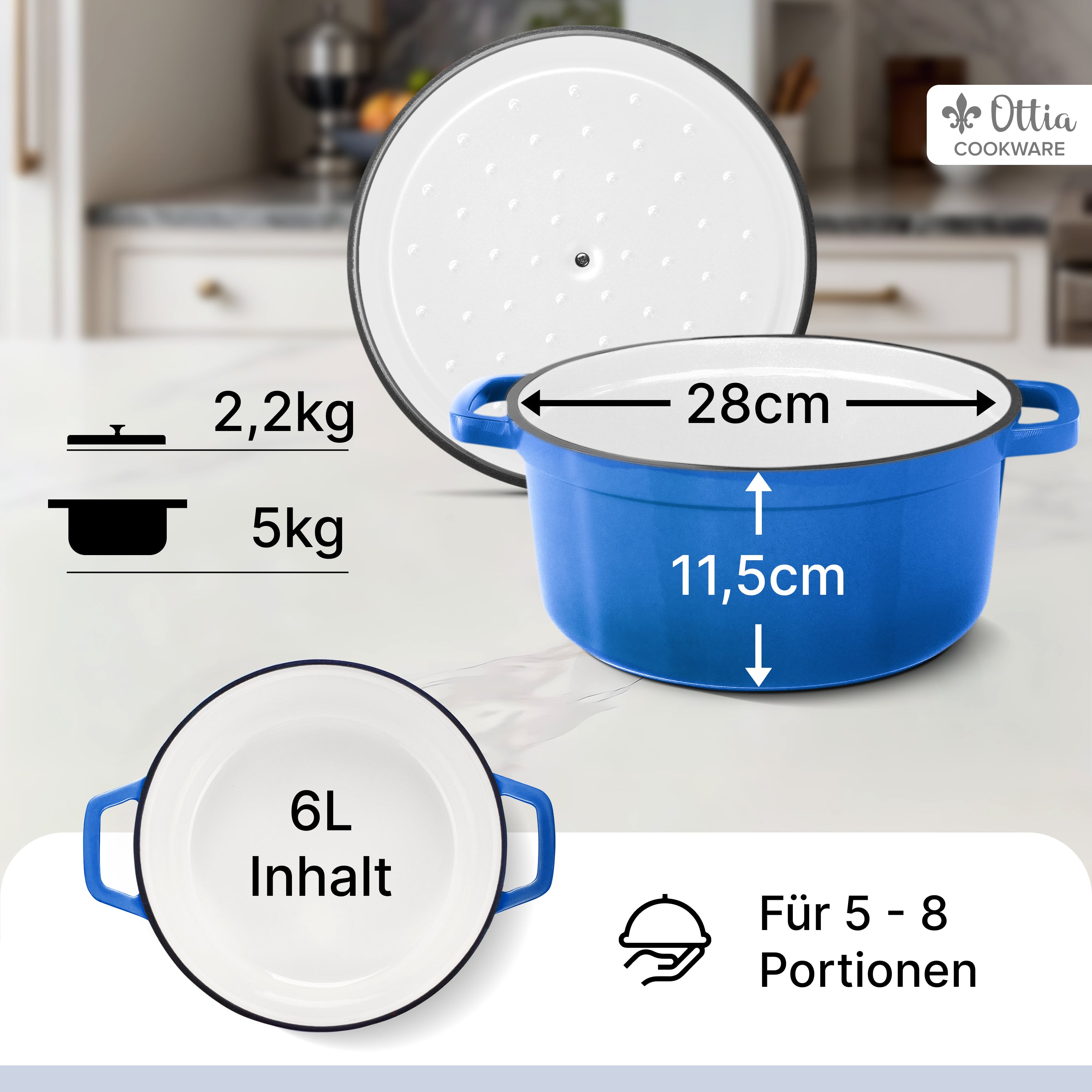 Emaillierter Gusseisen Topf, 28 cm, 6 Liter, ofenfest, Deckel mit Knauf