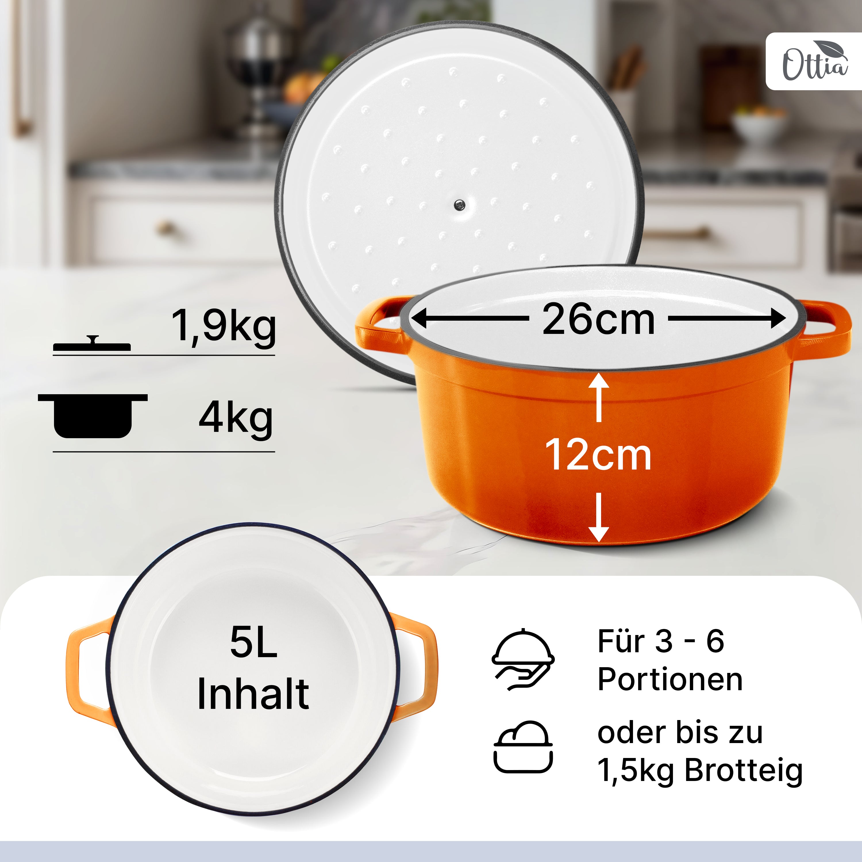 Emaillierter Gusseisen Topf, 26 cm, 5 Liter, ofenfest, Deckel mit Knauf