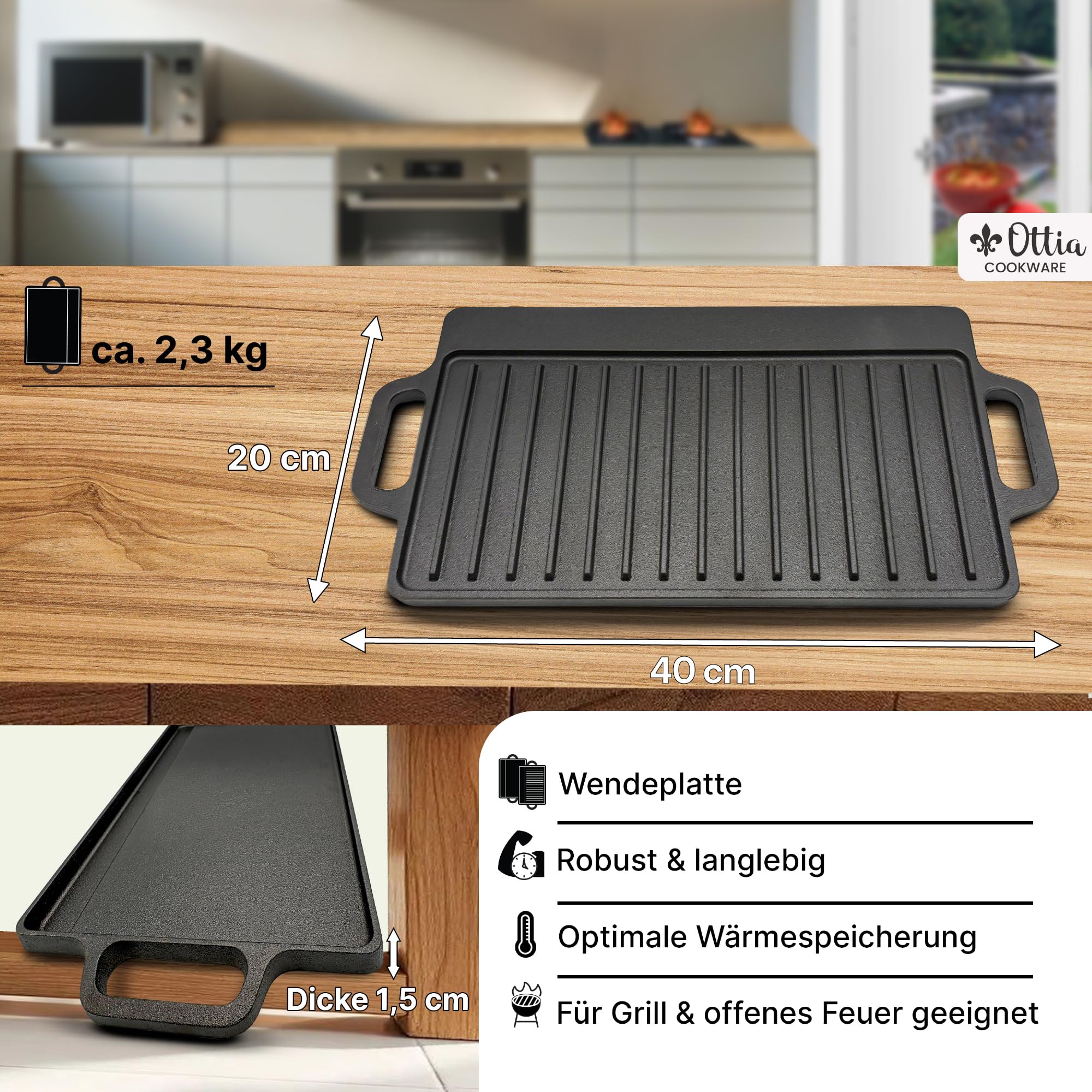 Gusseisen Wende Grillplatte und Warmhalteplatte: (S (40 cm x 20 cm))
