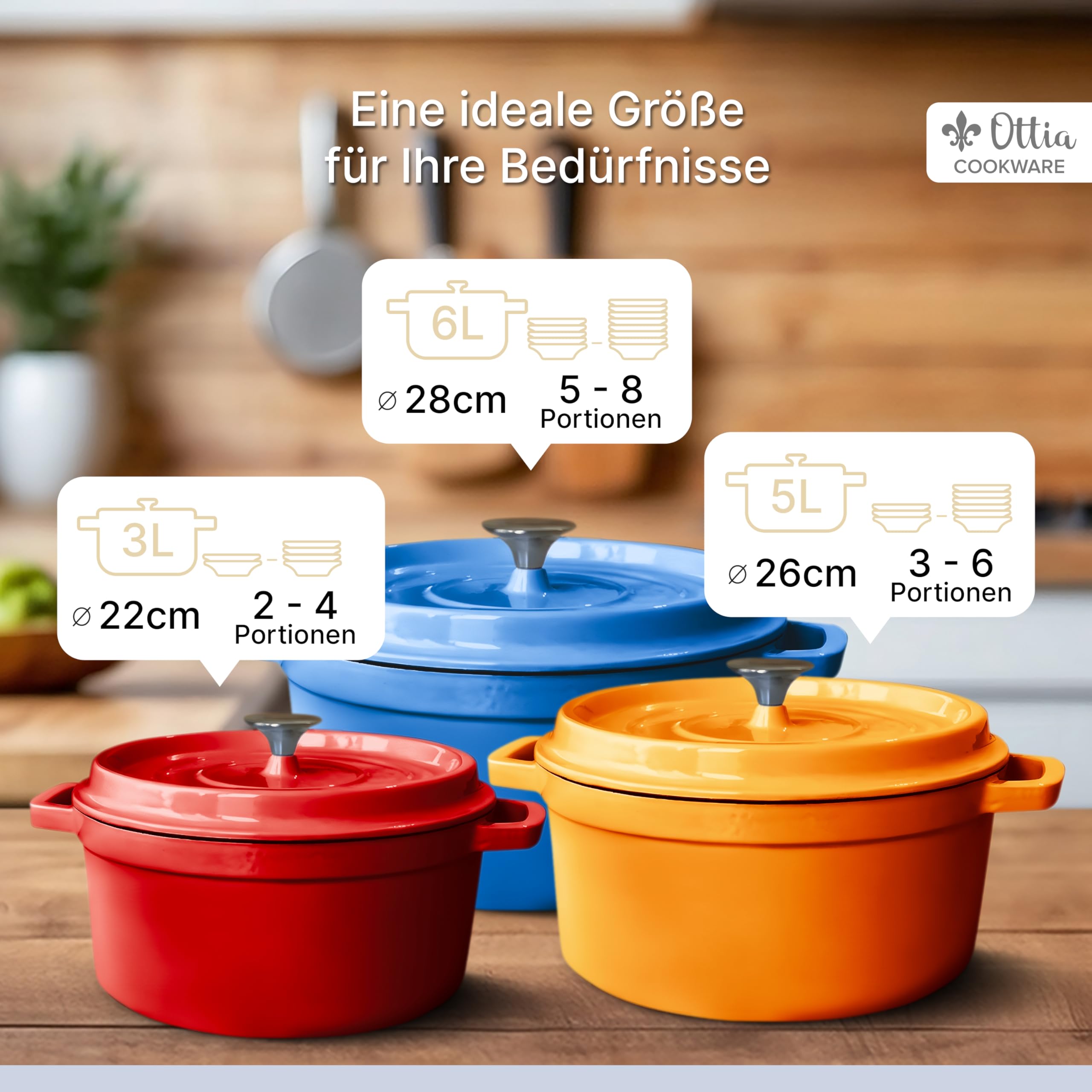 Emaillierter Gusseisen Topf, 22 cm, 3 Liter, ofenfest, Deckel mit Knauf