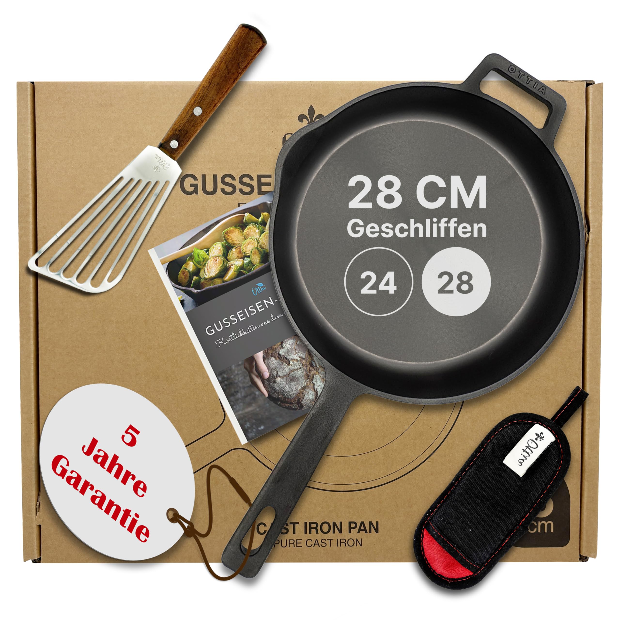 Reine geschliffene Gusseisenpfanne 28cm mit eKochbuch, Pfannenwender, Hitzeschutz
