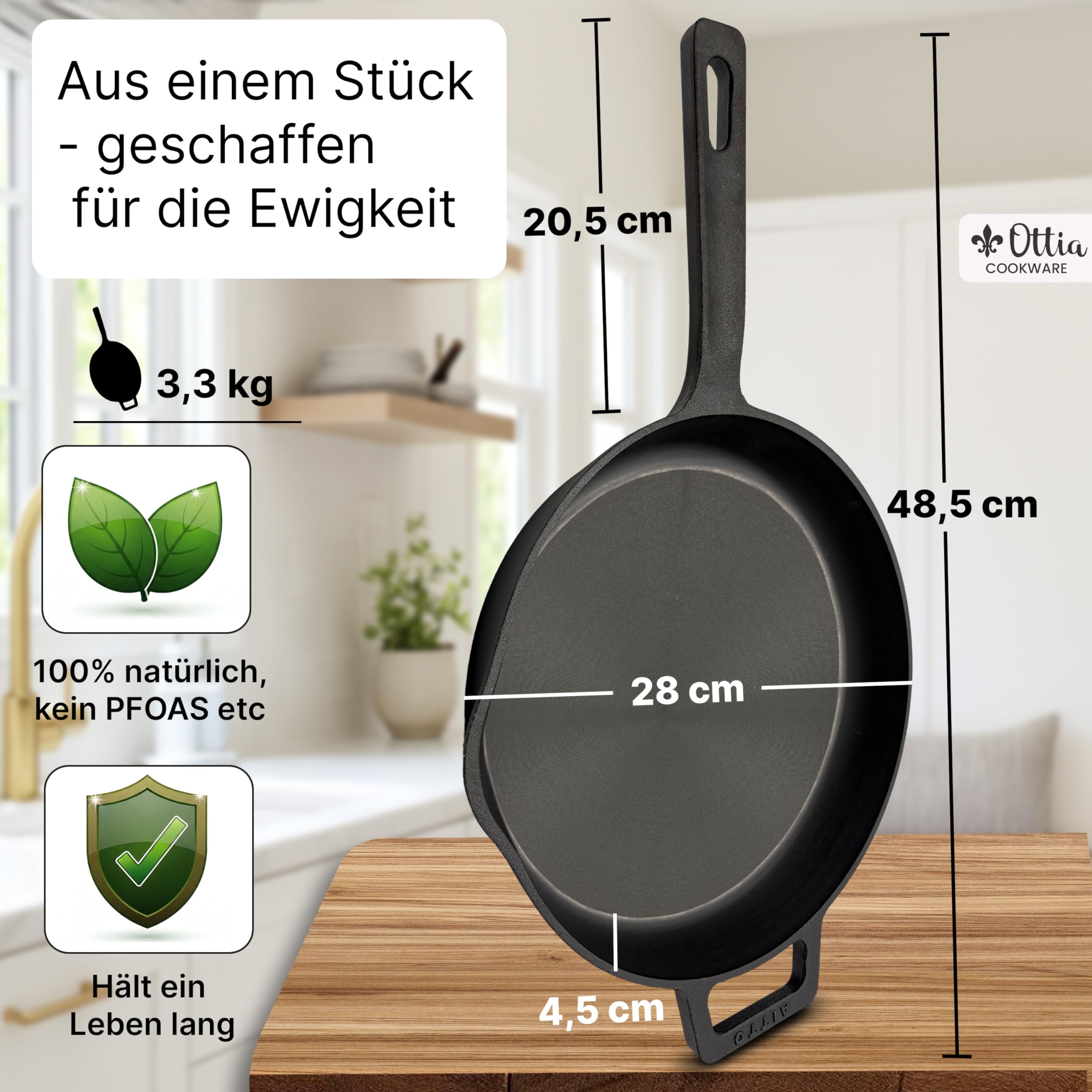 Reine geschliffene Gusseisenpfanne 28cm mit eKochbuch, Pfannenwender, Hitzeschutz