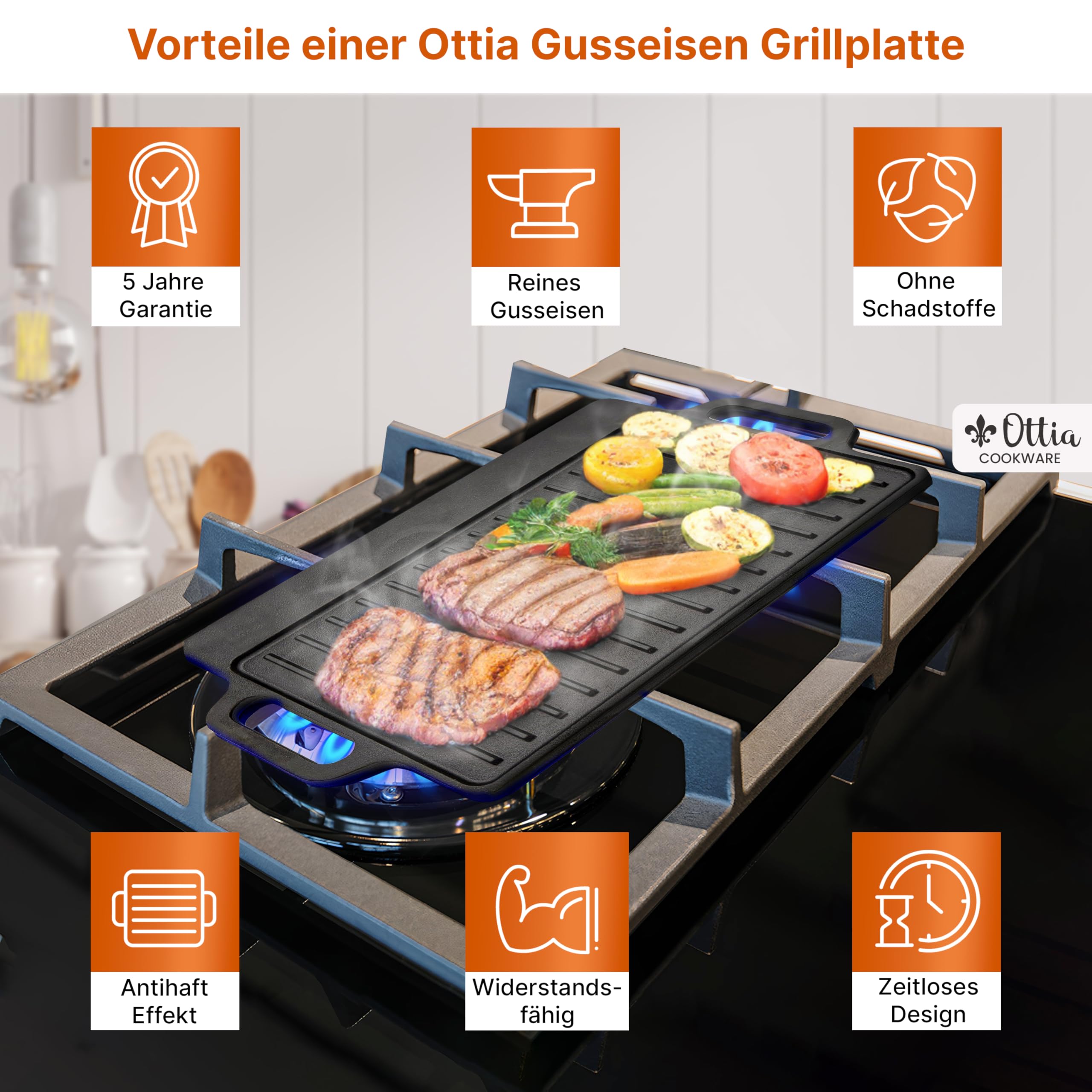 Gusseisen Wende Grillplatte und Warmhalteplatte: (M (46 cm x 23 cm))