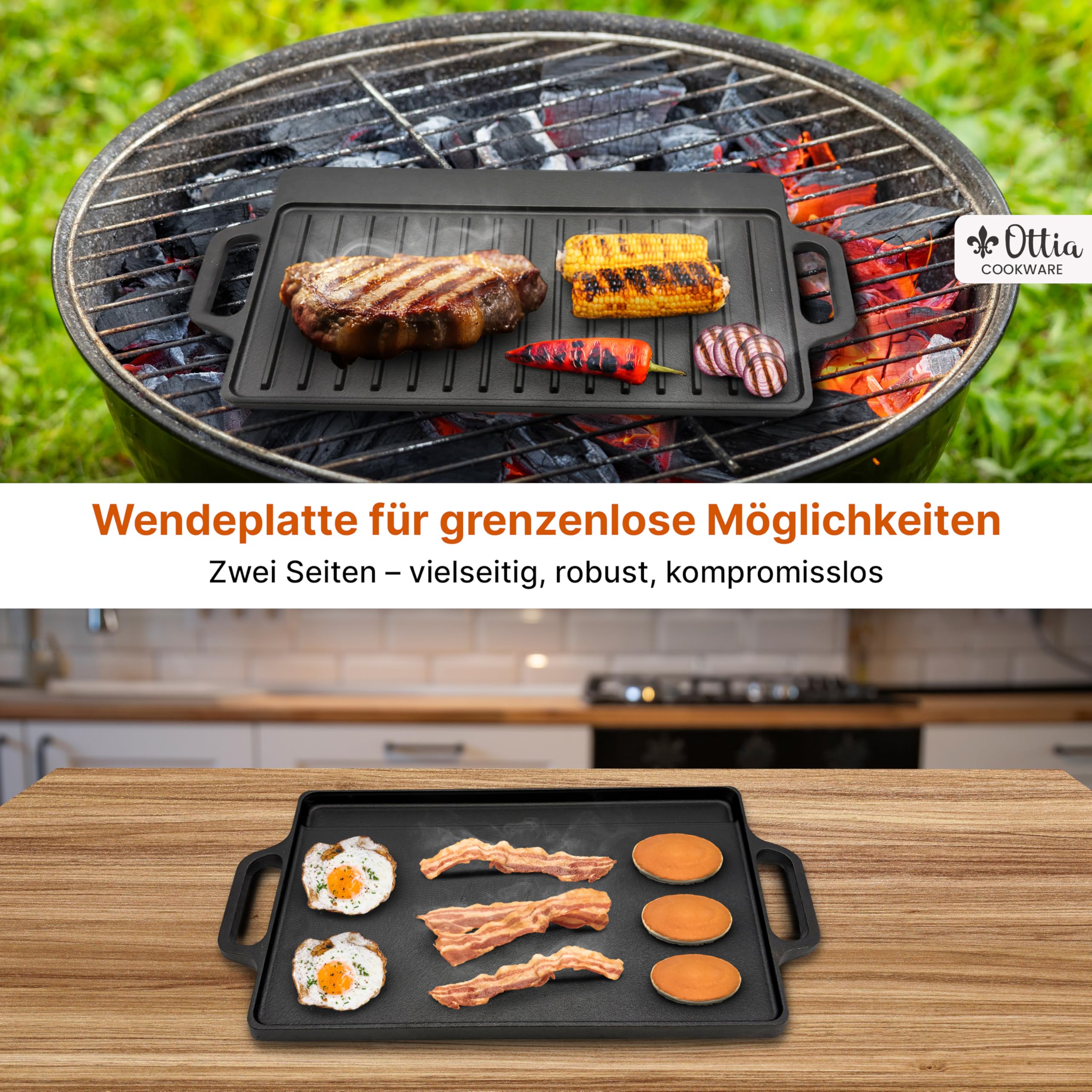 Gusseisen Wende Grillplatte und Warmhalteplatte: (M (46 cm x 23 cm))