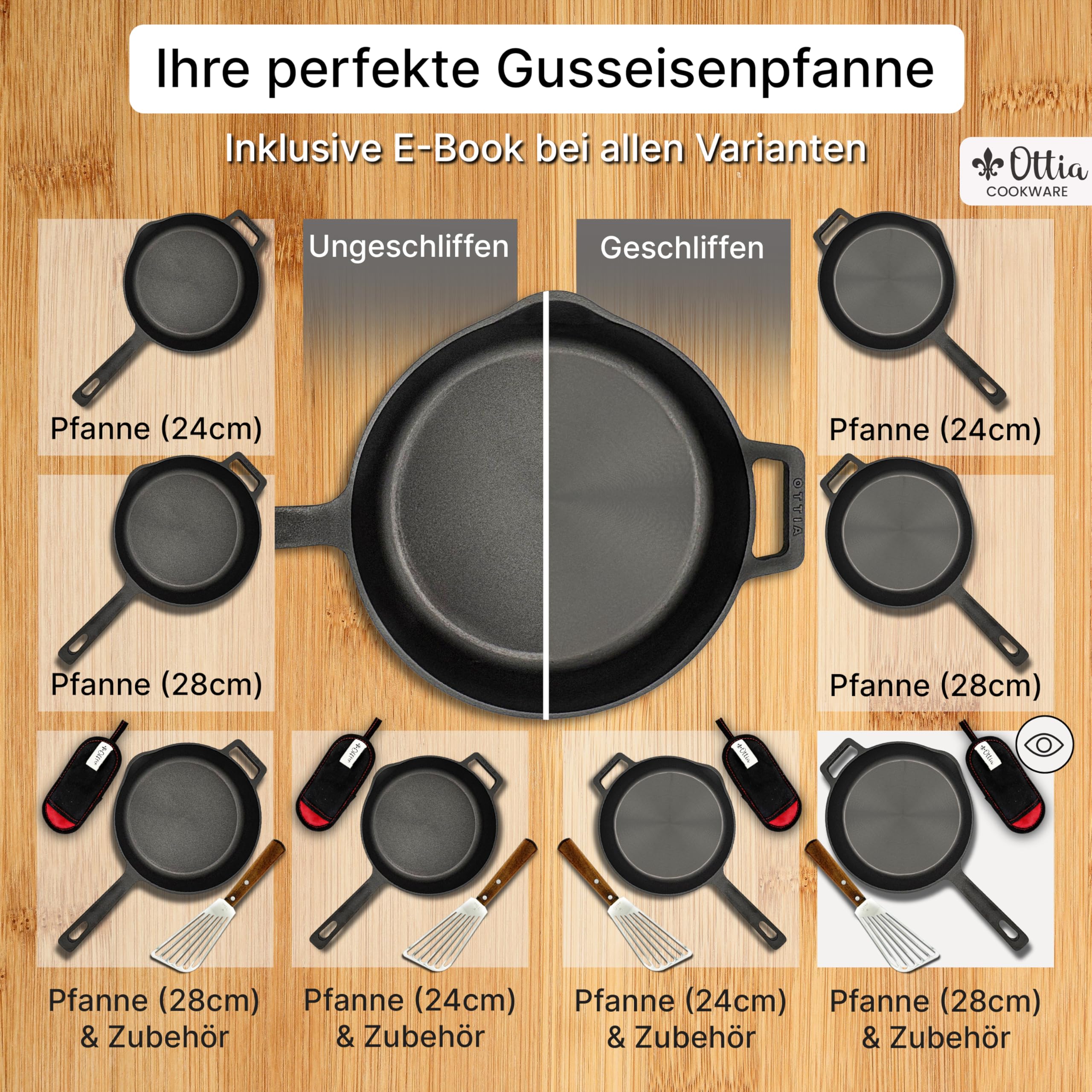 Reine geschliffene Gusseisenpfanne 28cm mit eKochbuch, Pfannenwender, Hitzeschutz
