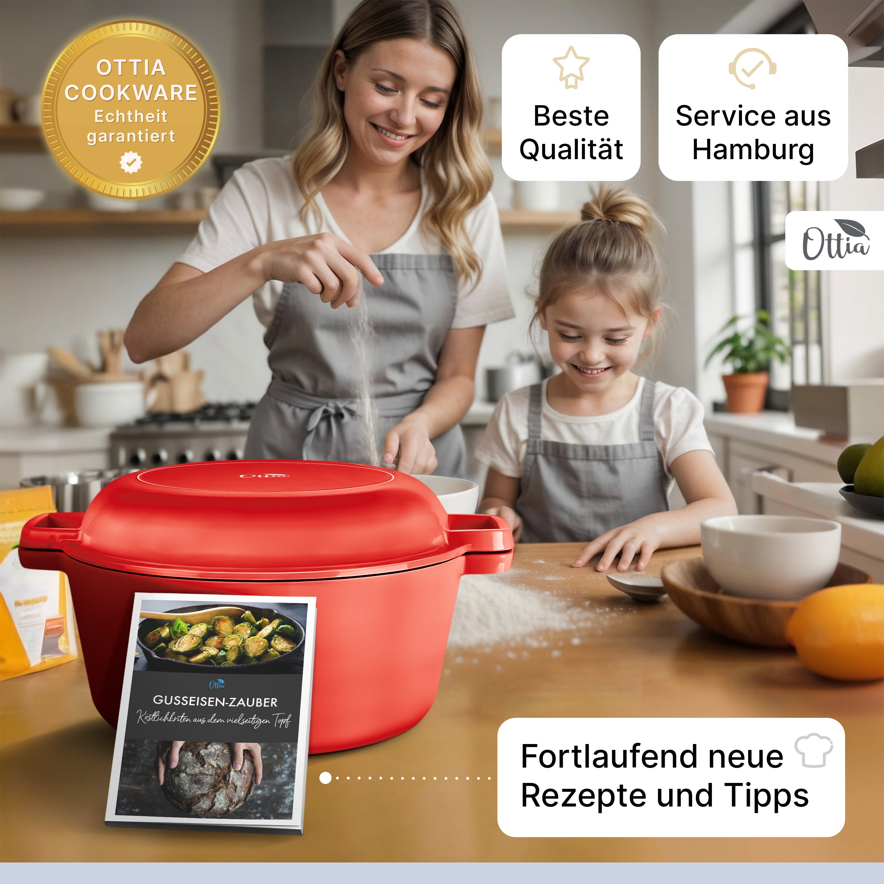 Emaillierter Gusseisen Topf, 26cm, mit Gärkorb, Deckel als Pfanne verwendbar