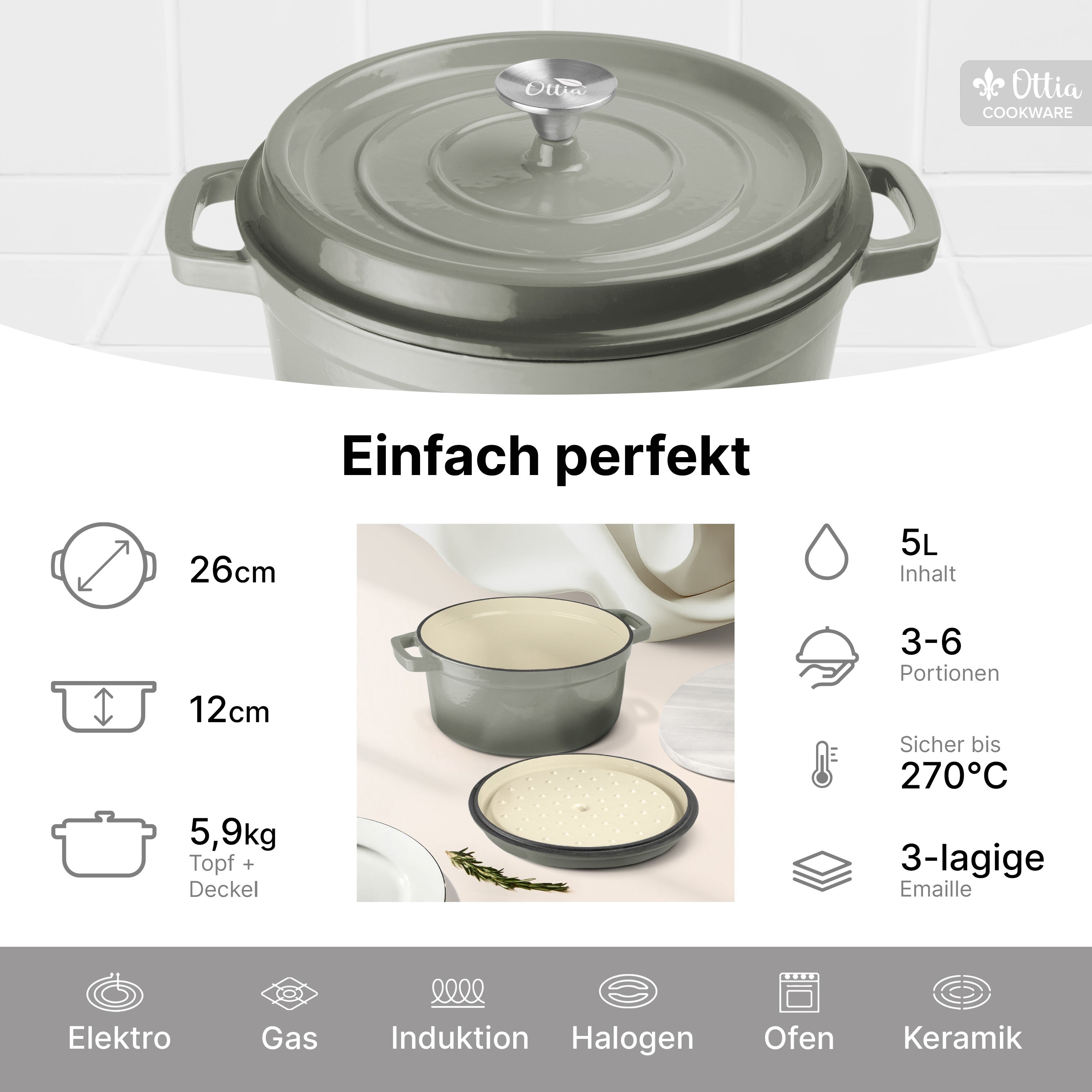 Emaillierter Gusseisen Topf, 26 cm, 5 Liter, ofenfest, Deckel mit Knauf