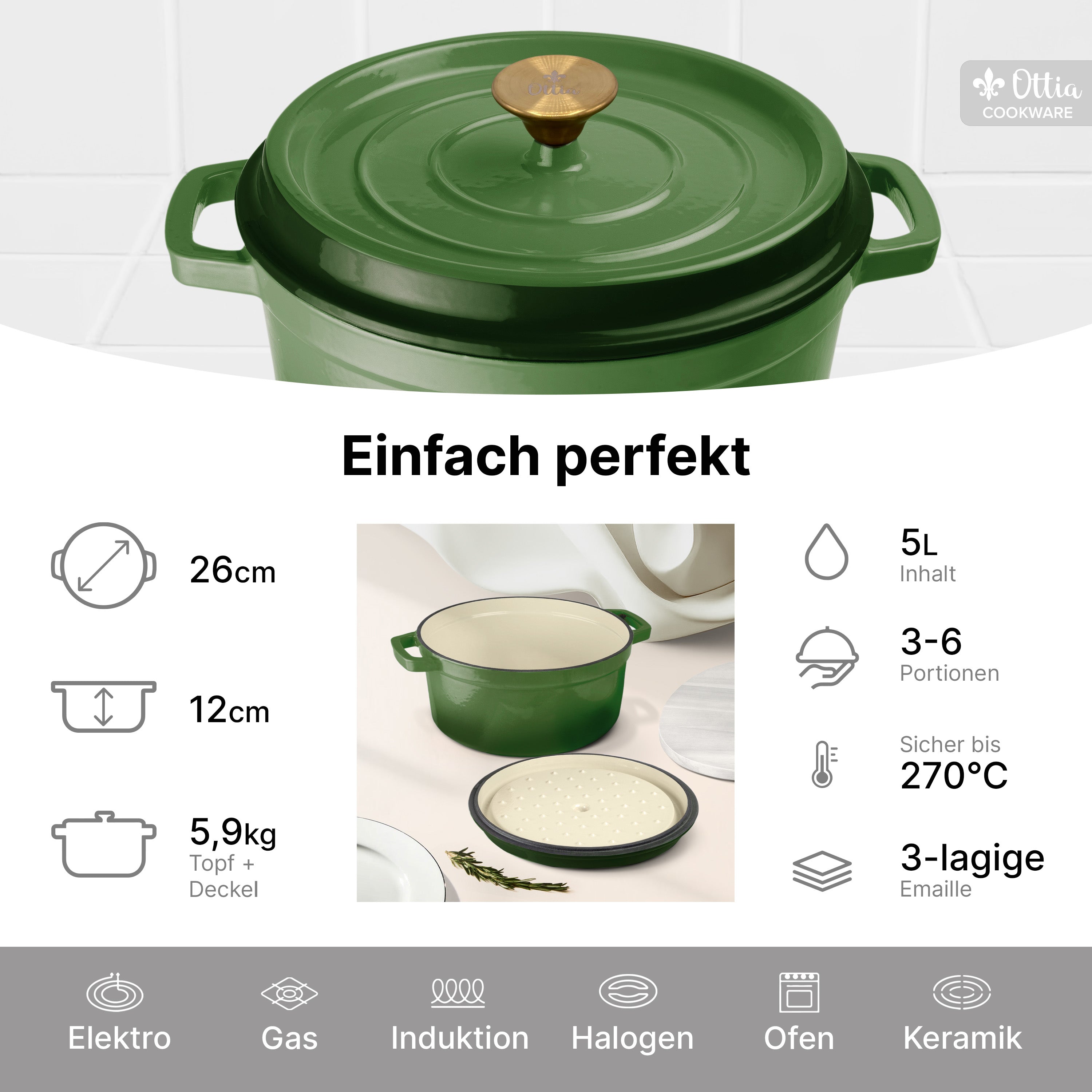 Emaillierter Gusseisen Topf, 26 cm, 5 Liter, ofenfest, Deckel mit Knauf