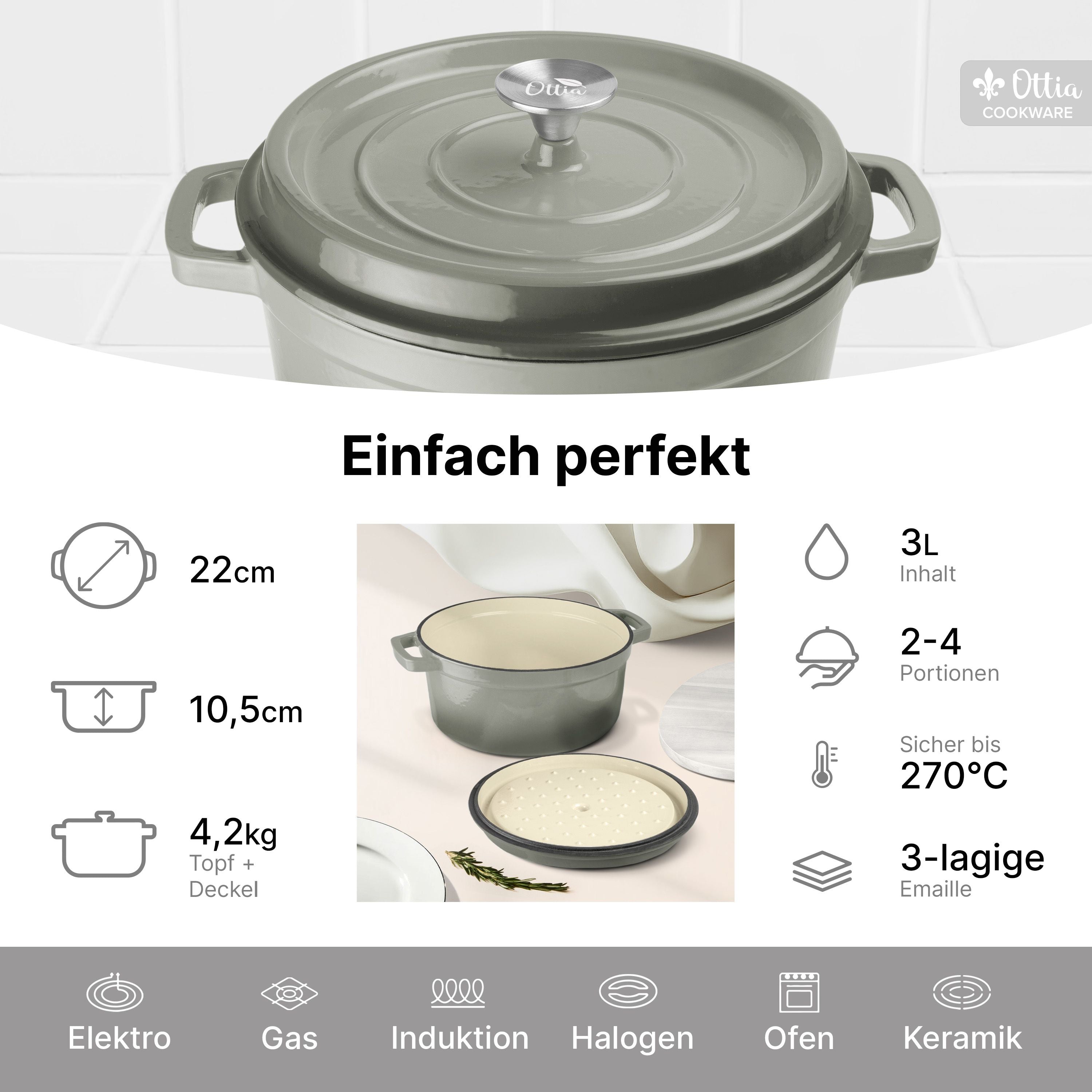Emaillierter Gusseisen Topf, 22 cm, 3 Liter, ofenfest, Deckel mit Knauf