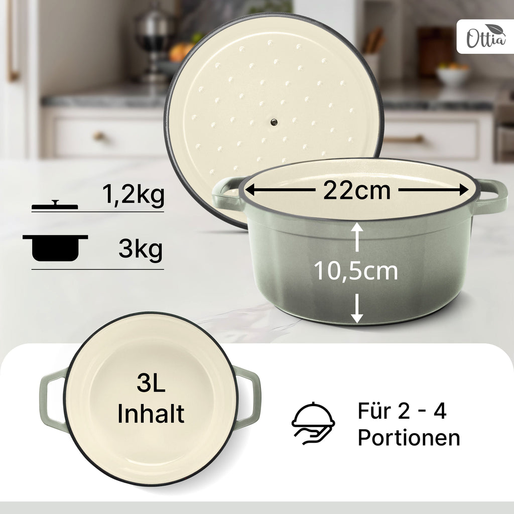 Emaillierter Gusseisen Topf, 22 cm, 3 Liter, ofenfest, Deckel mit Knauf