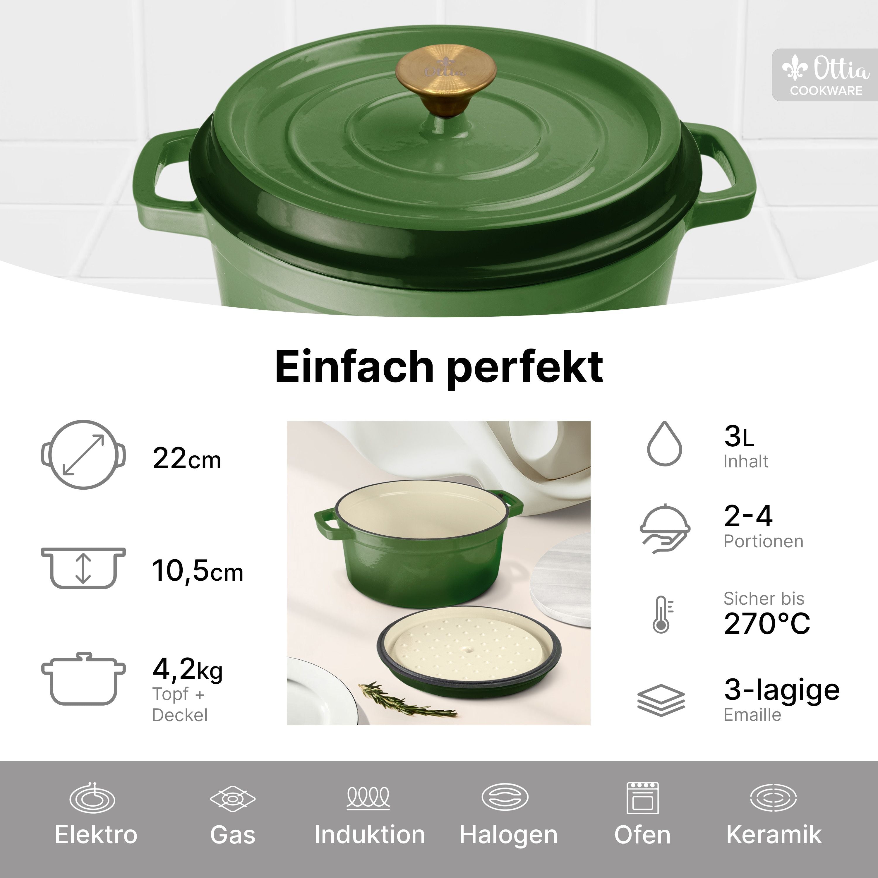Emaillierter Gusseisen Topf, 22 cm, 3 Liter, ofenfest, Deckel mit Knauf