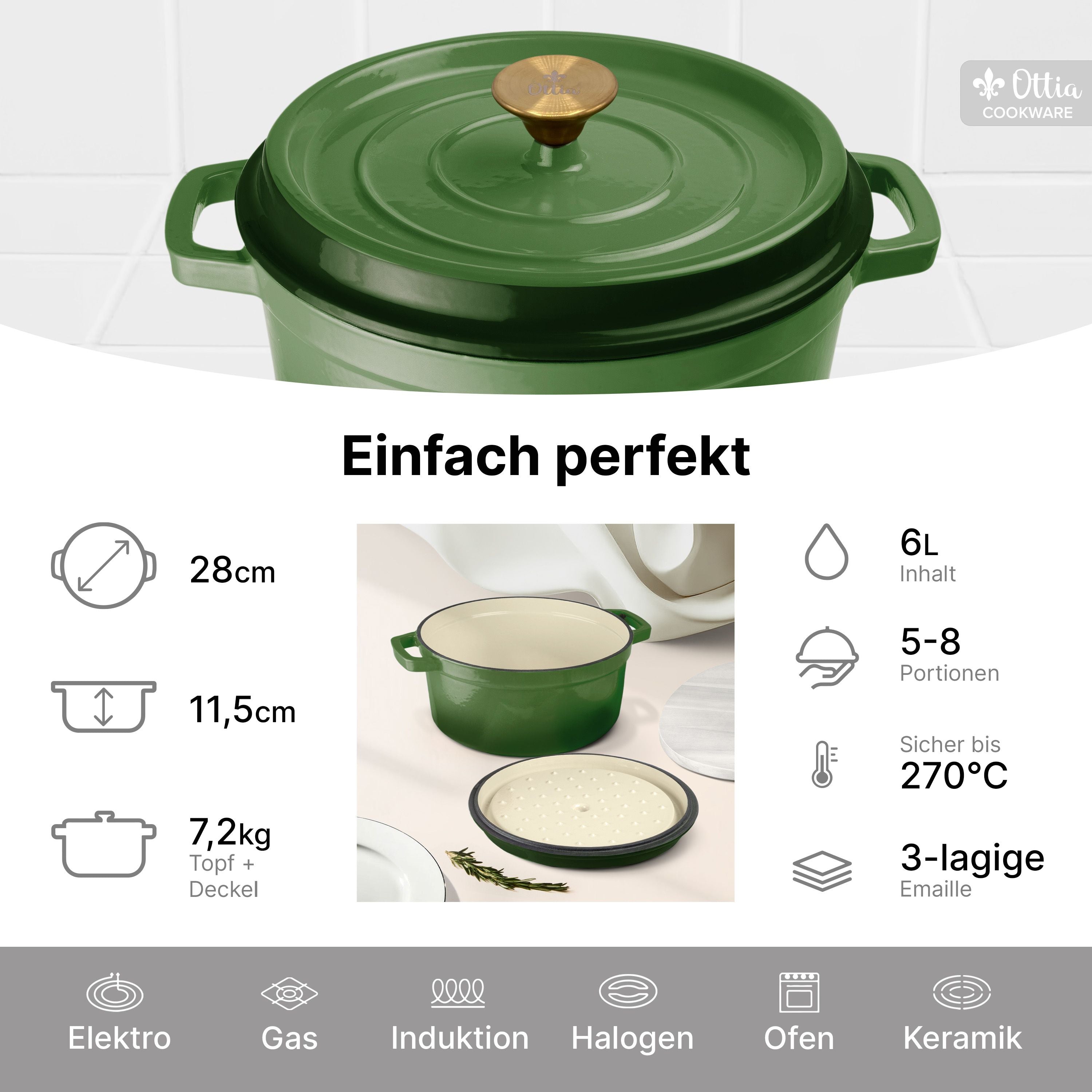 Emaillierter Gusseisen Topf, 28 cm, 6 Liter, ofenfest, Deckel mit Knauf