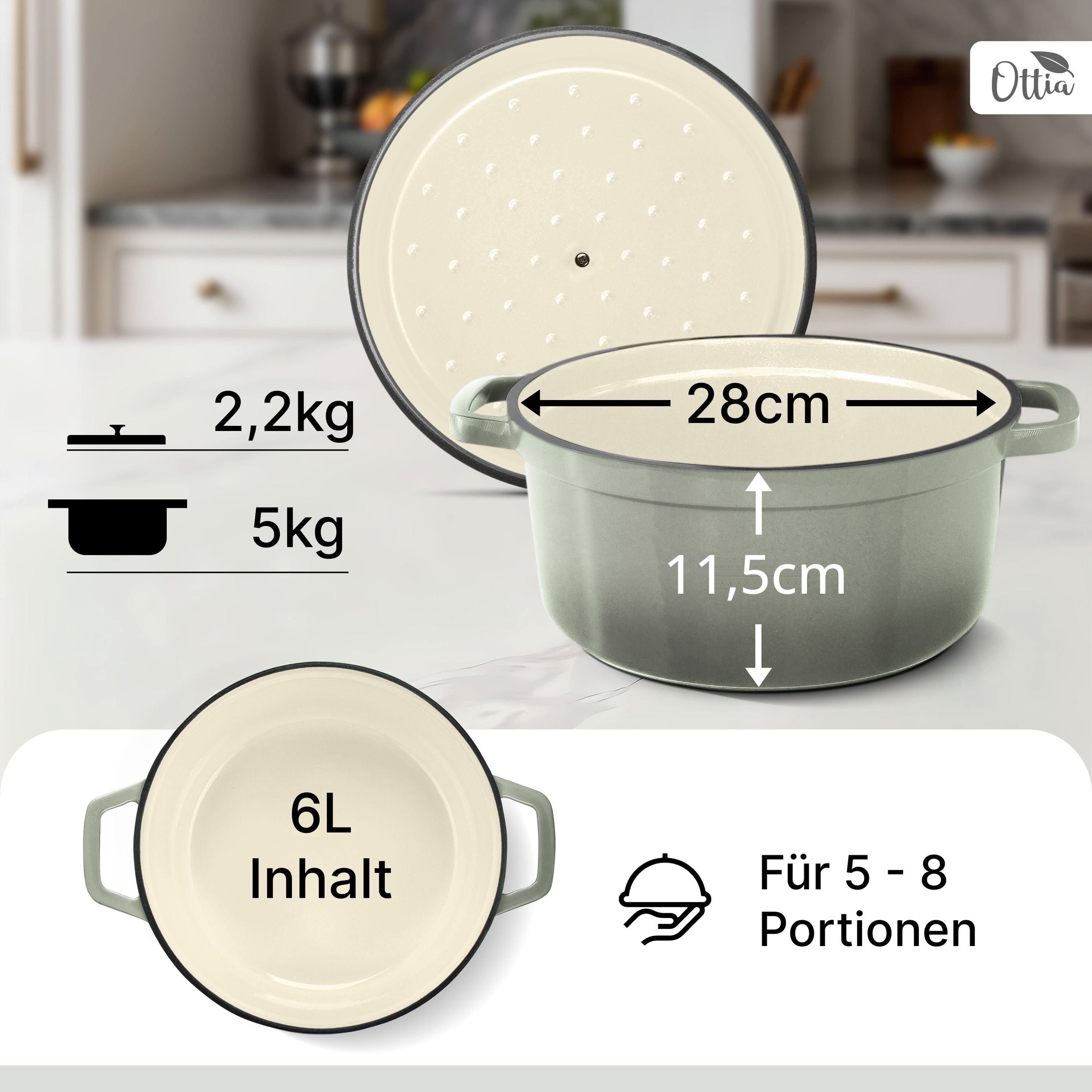 Emaillierter Gusseisen Topf, 28 cm, 6 Liter, ofenfest, Deckel mit Knauf