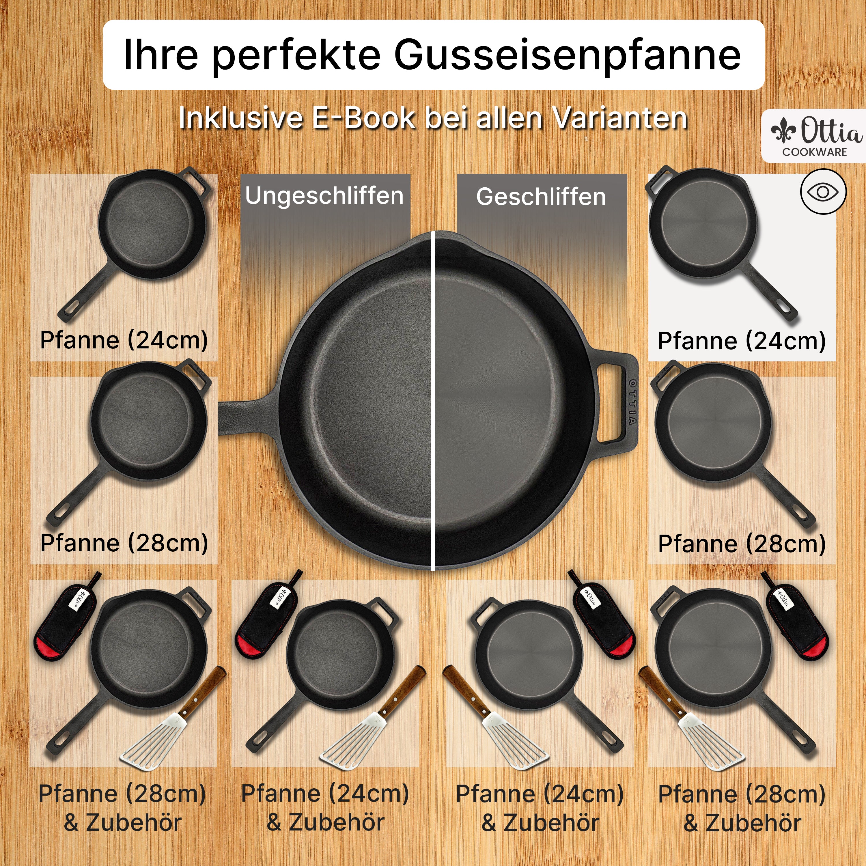Reine geschliffene Gusseisenpfanne 24cm mit eKochbuch