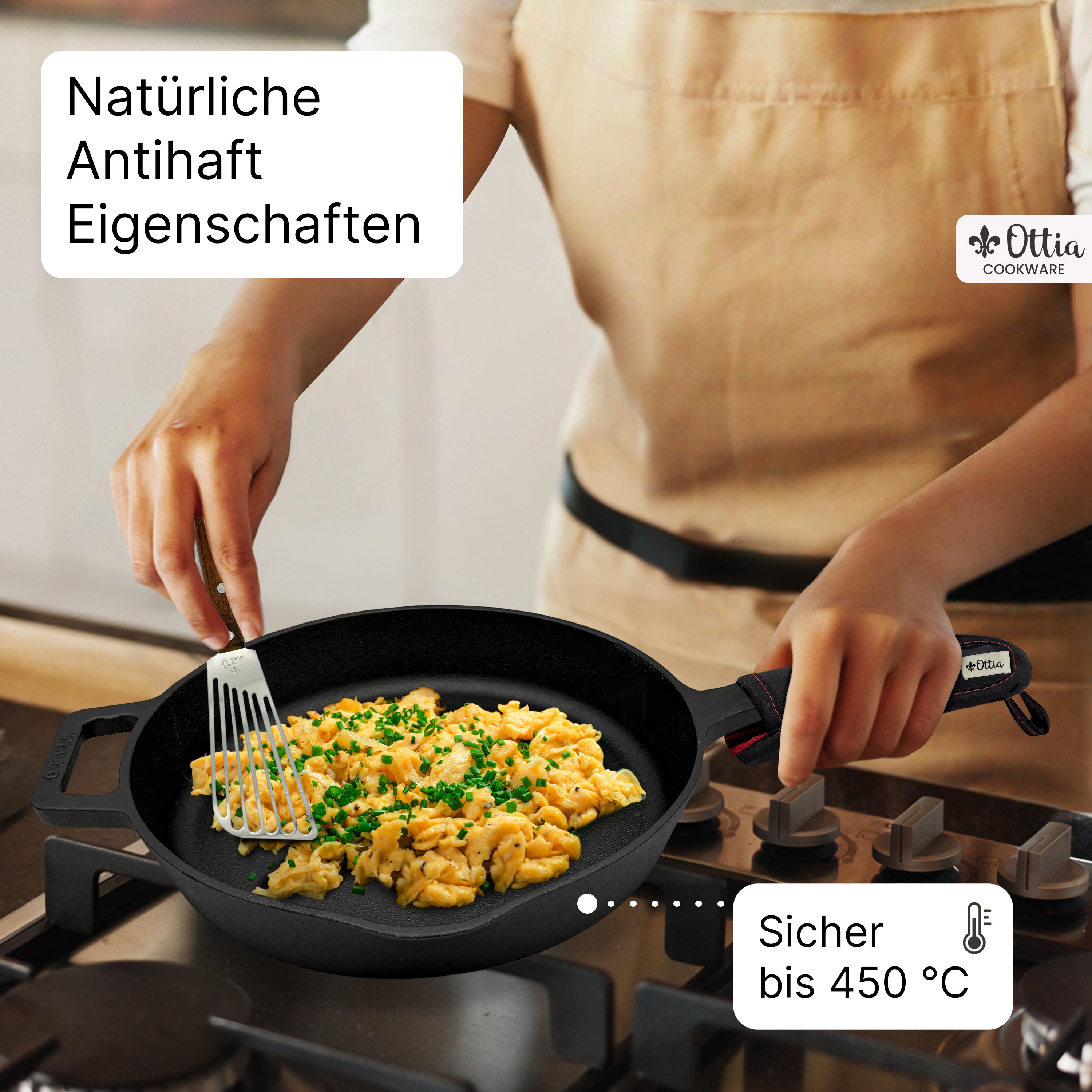 Reine Gusseisenpfanne 28cm mit eKochbuch, Pfannenwender, Hitzeschutz