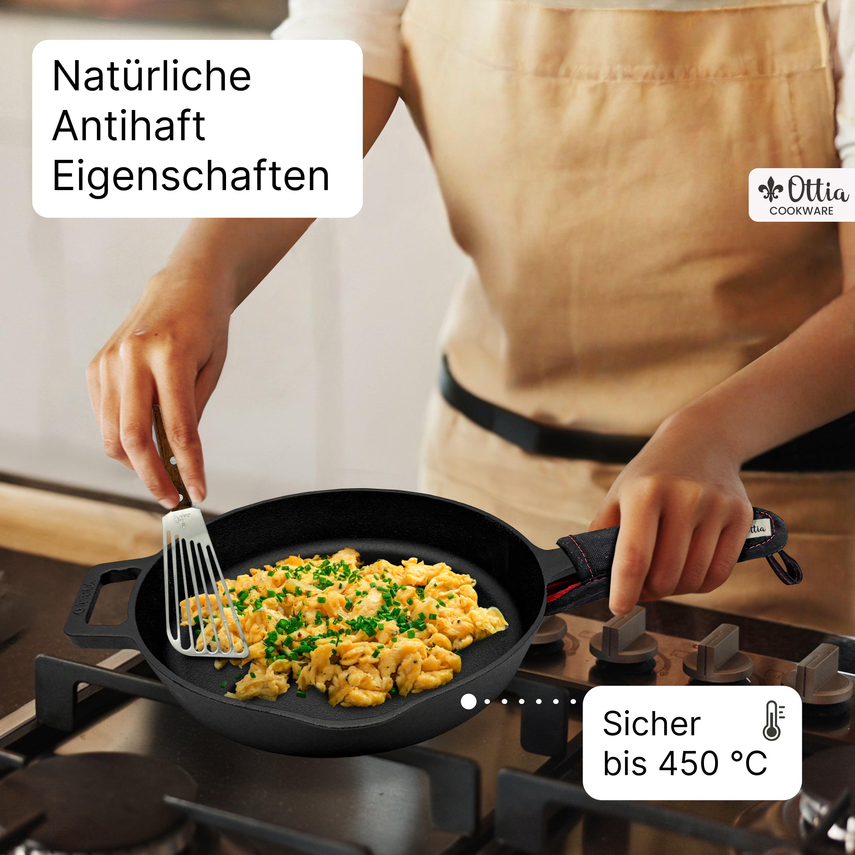 Reine Gusseisenpfanne 24cm mit eKochbuch, Pfannenwender, Hitzeschutz