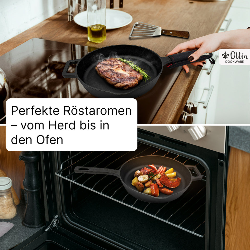 Reine Gusseisenpfanne 28cm mit eKochbuch, Pfannenwender, Hitzeschutz