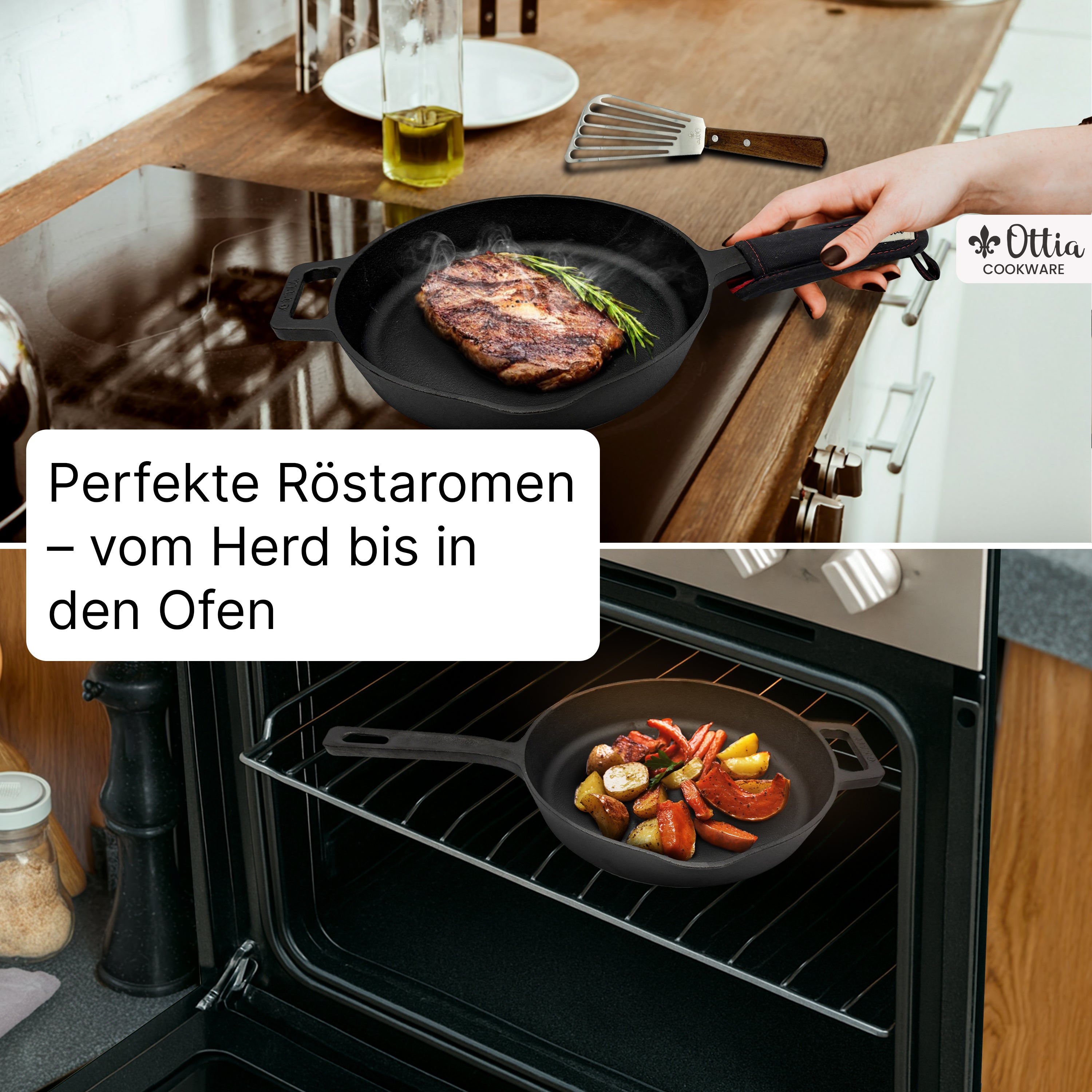 Reine Gusseisenpfanne 28cm mit eKochbuch, Pfannenwender, Hitzeschutz