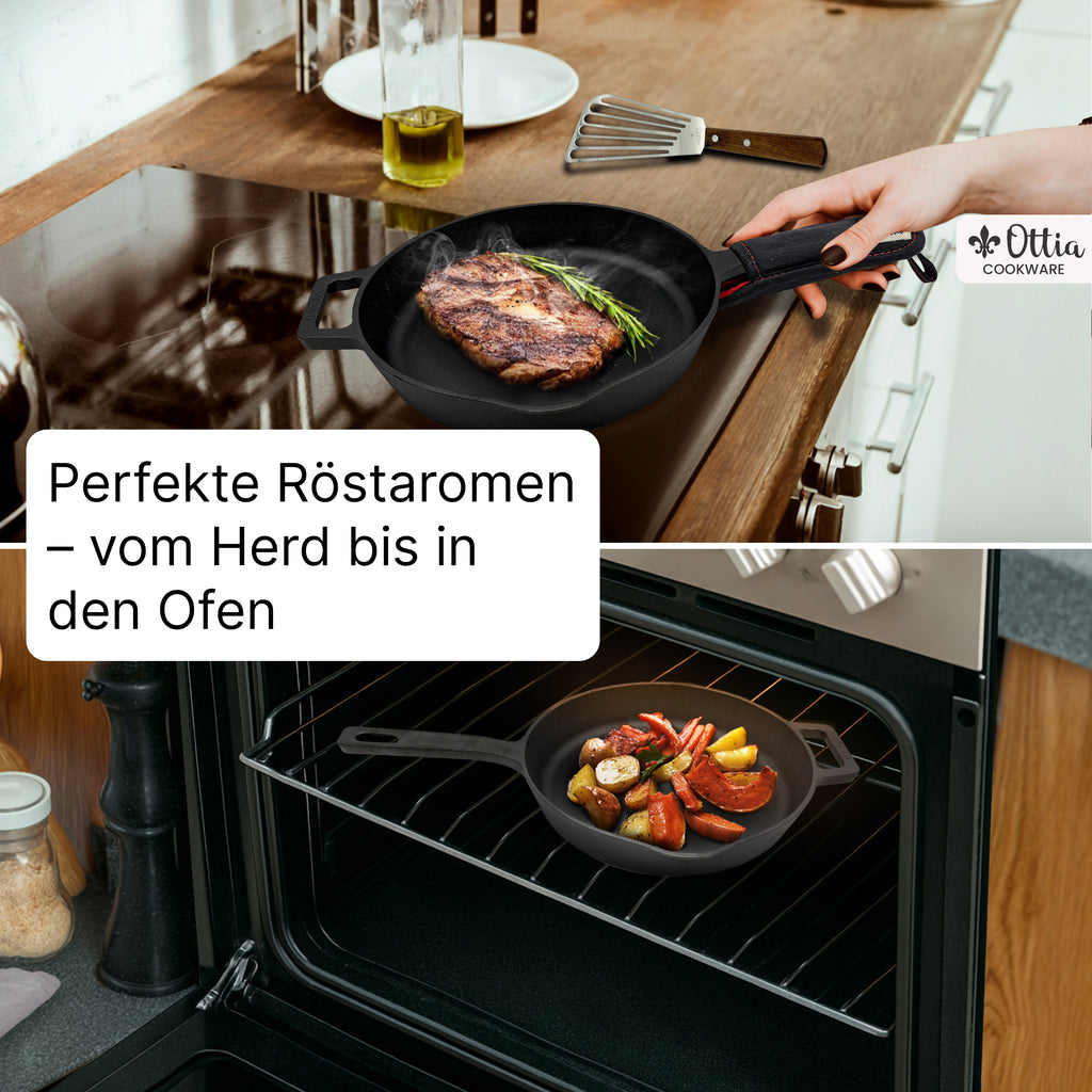 Reine Gusseisenpfanne 24cm mit eKochbuch, Pfannenwender, Hitzeschutz