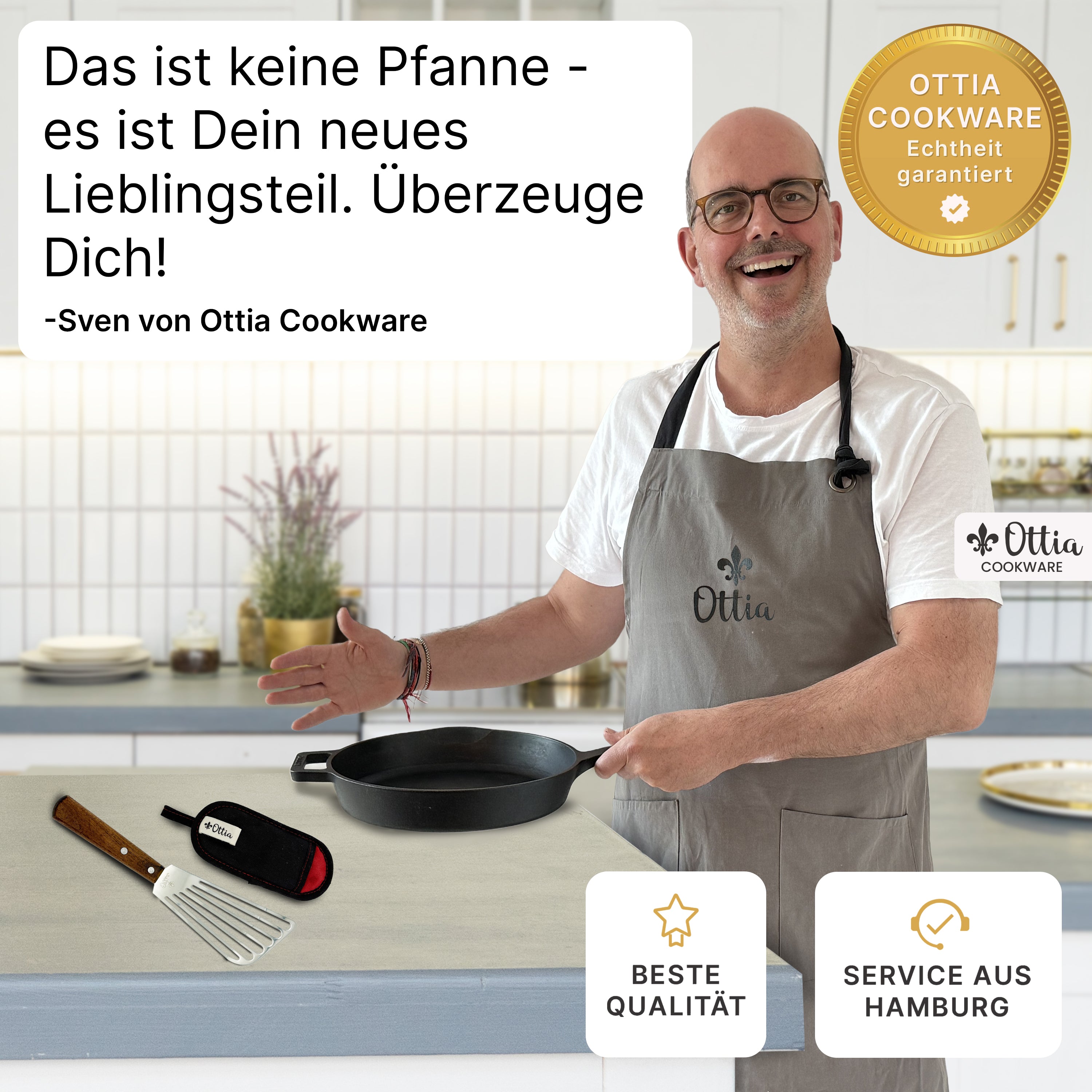 Reine Gusseisenpfanne 28cm mit eKochbuch, Pfannenwender, Hitzeschutz