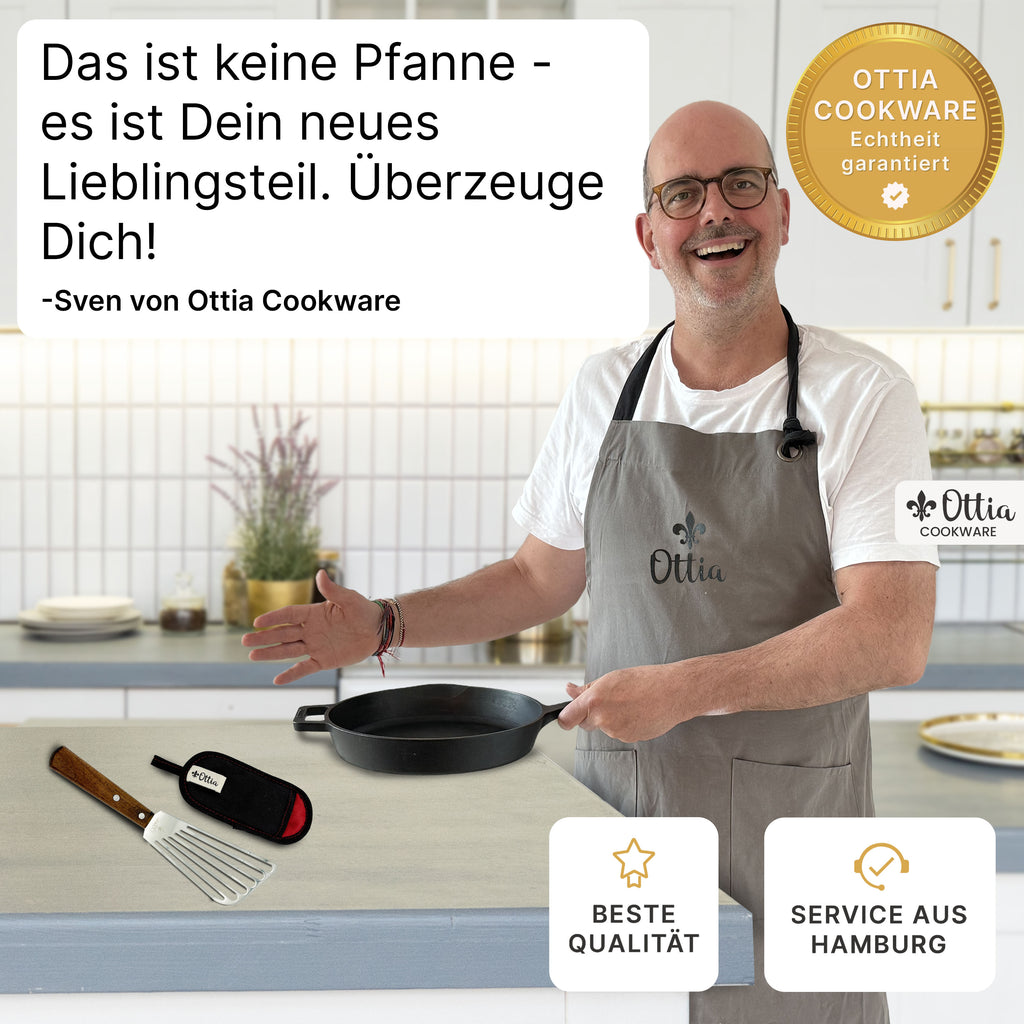 Reine Gusseisenpfanne 24cm mit eKochbuch, Pfannenwender, Hitzeschutz